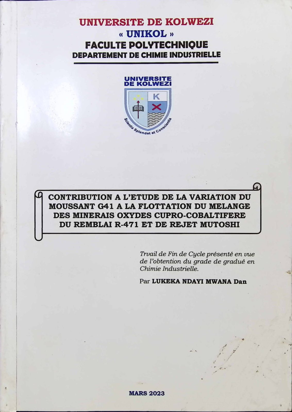 First page of CONTRIBUTION A L’ETUDE DE LA VARIATION DU MOUSSANT G41 A LA FLOTTATION DU MELANGE DES MINERAIS OXYDES CUPRO-COBALTIFFERE DU REMBLAI R-471 ET DE REJET MUTOSHI