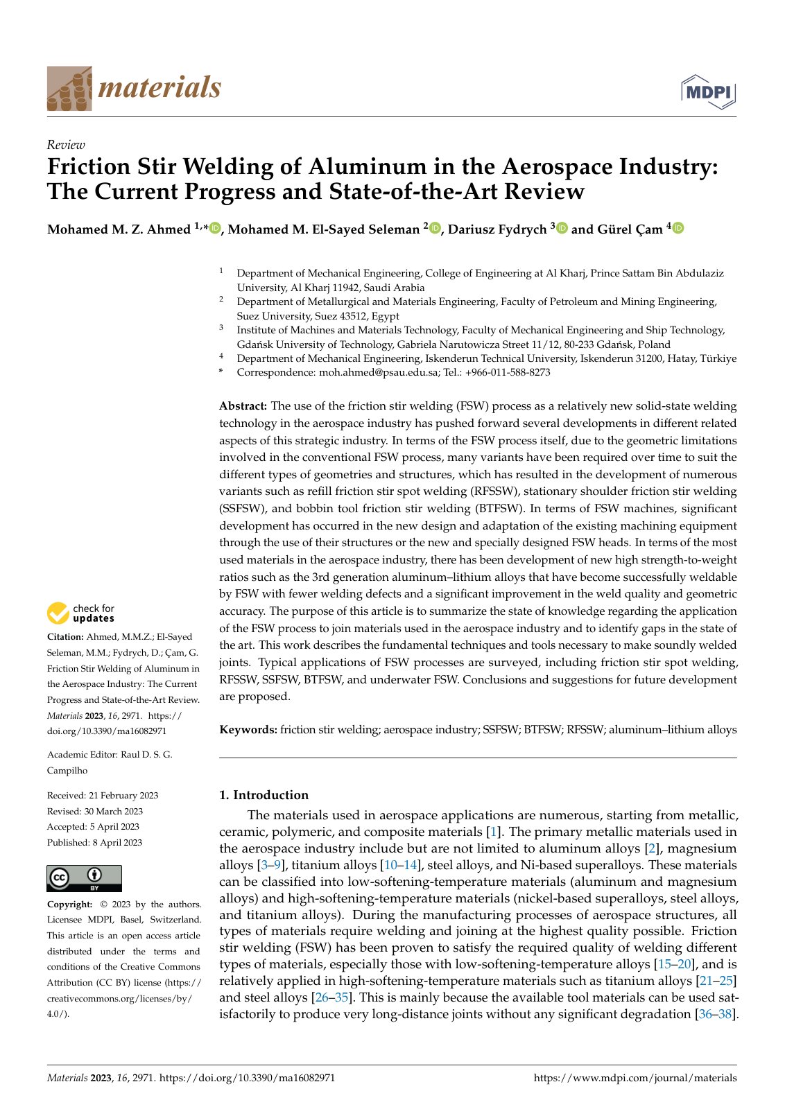 First page of Friction Stir Welding of Aluminum in the Aerospace Industry: The Current Progress and State-of-the-Art Review