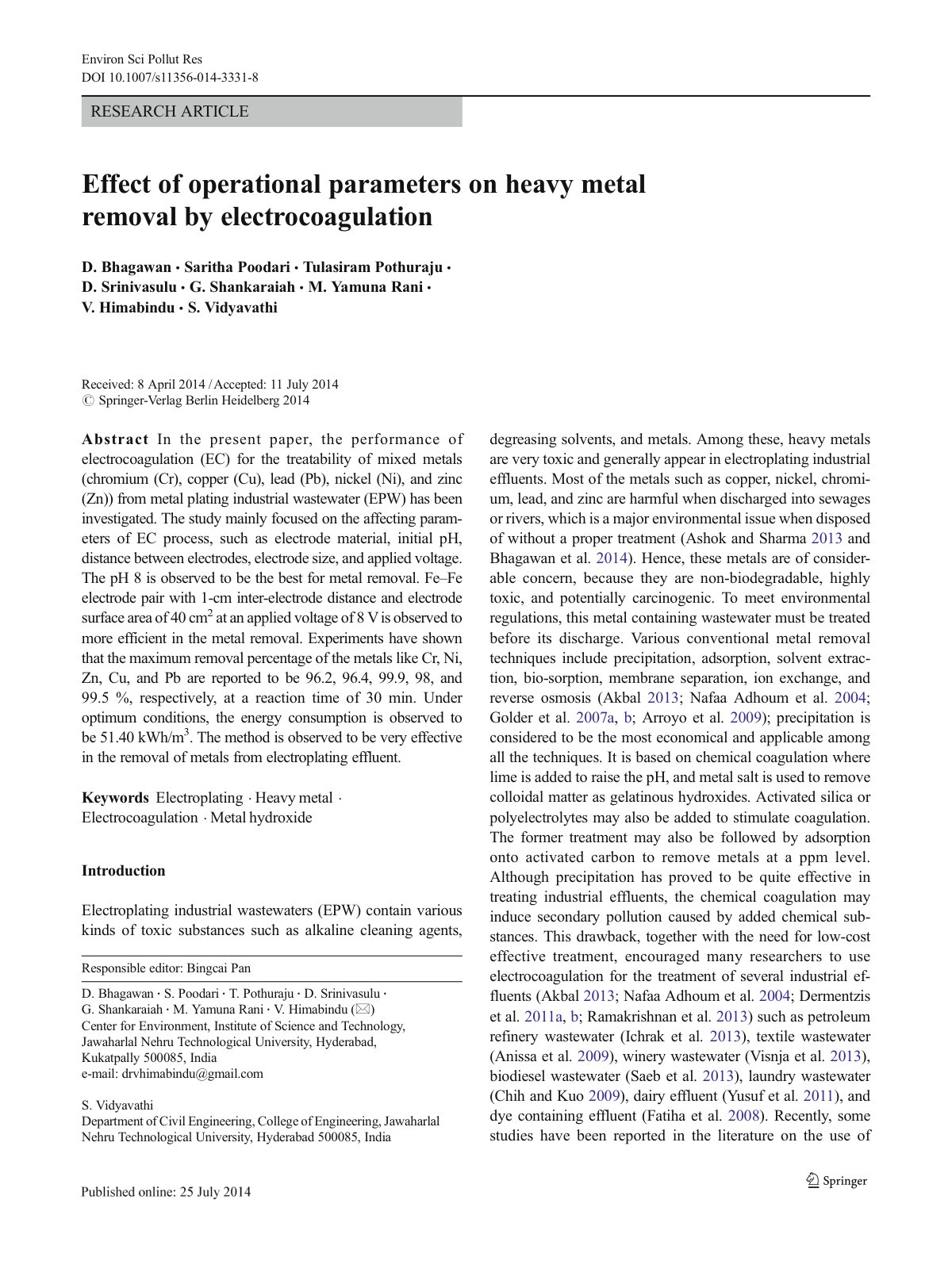First page of Effect of operational parameters on heavy metal removal by electrocoagulation