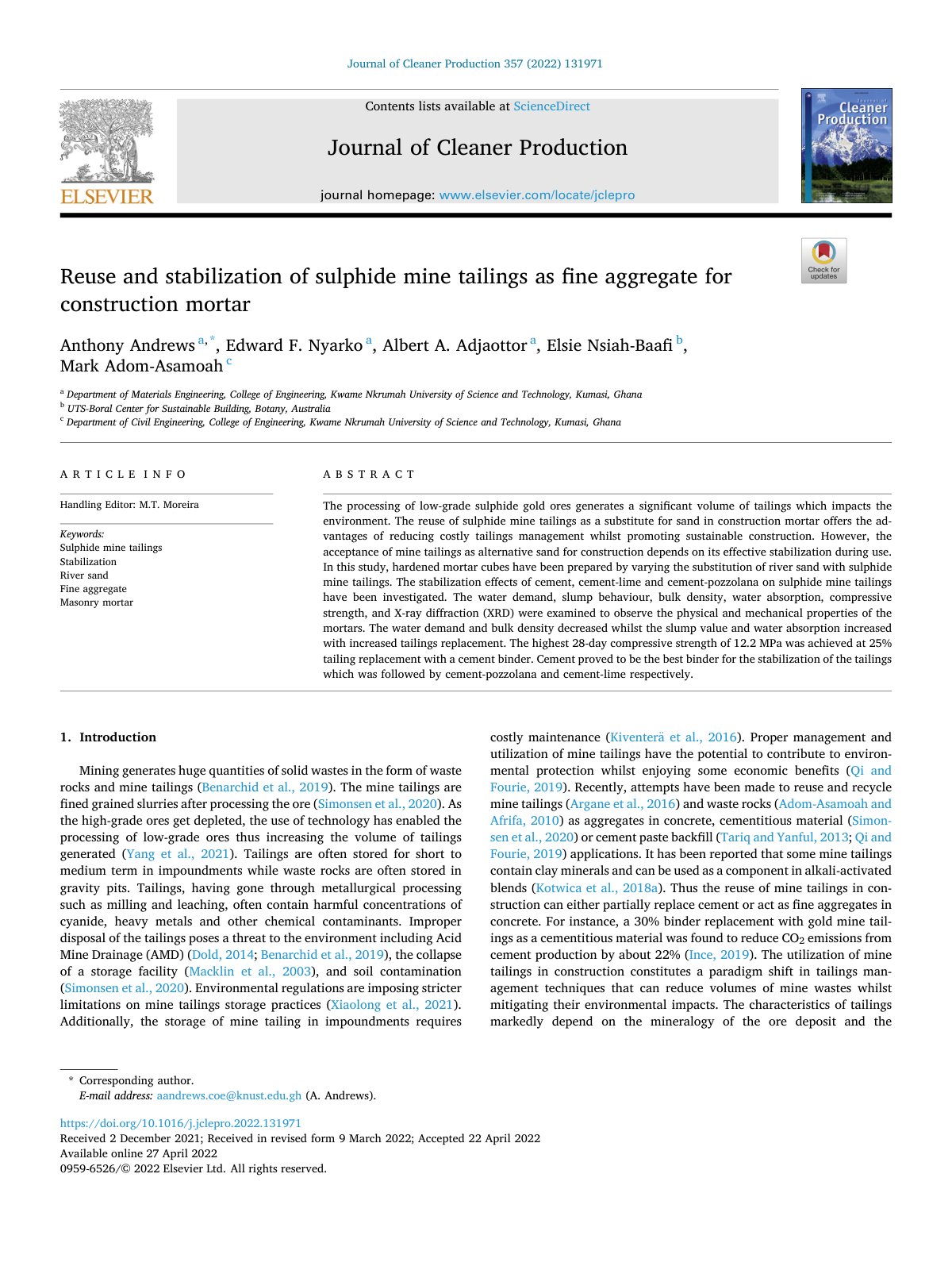 First page of Reuse and stabilization of sulphide mine tailings as fine aggregate for construction mortar