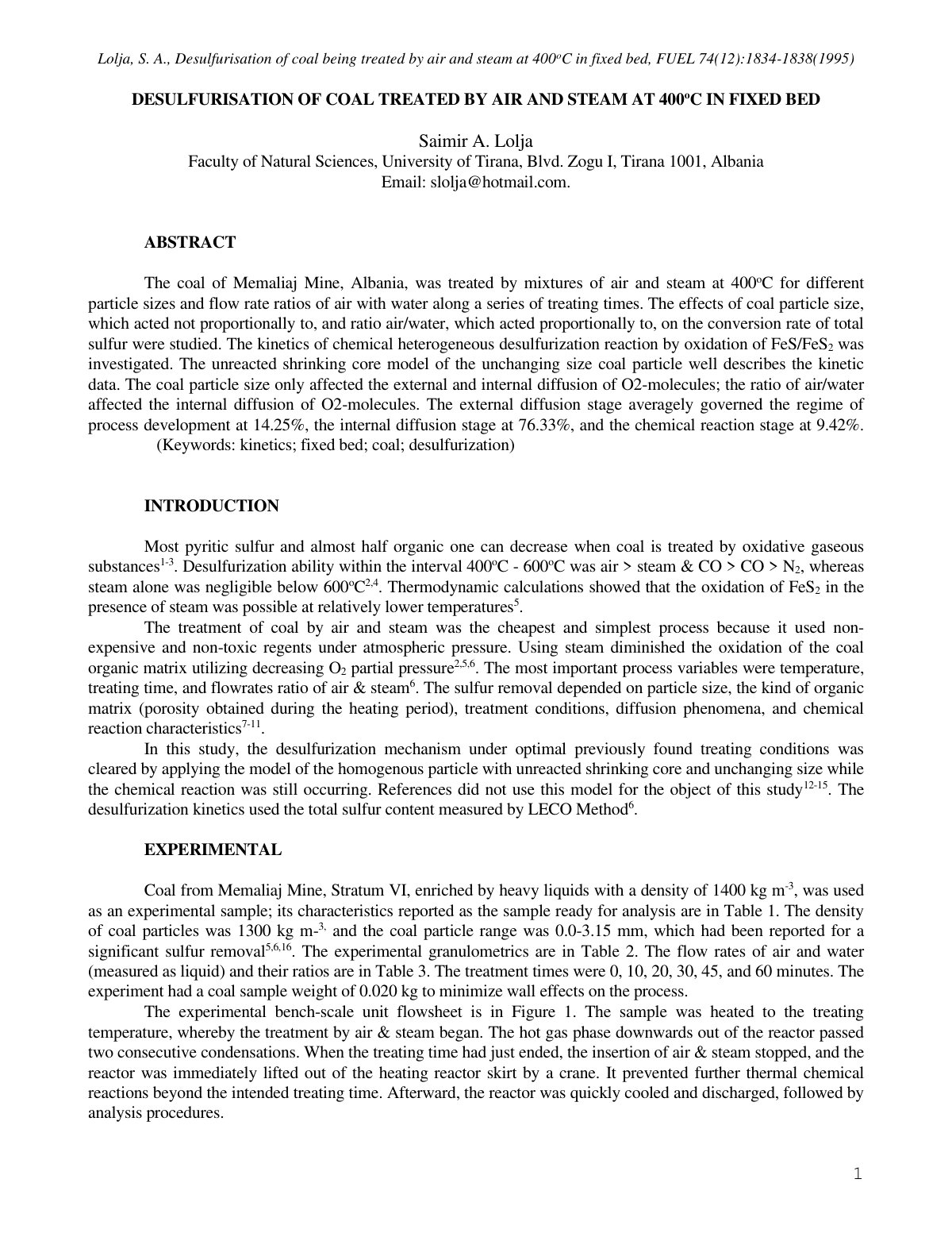First page of DESULFURISATION OF COAL TREATED BY AIR A