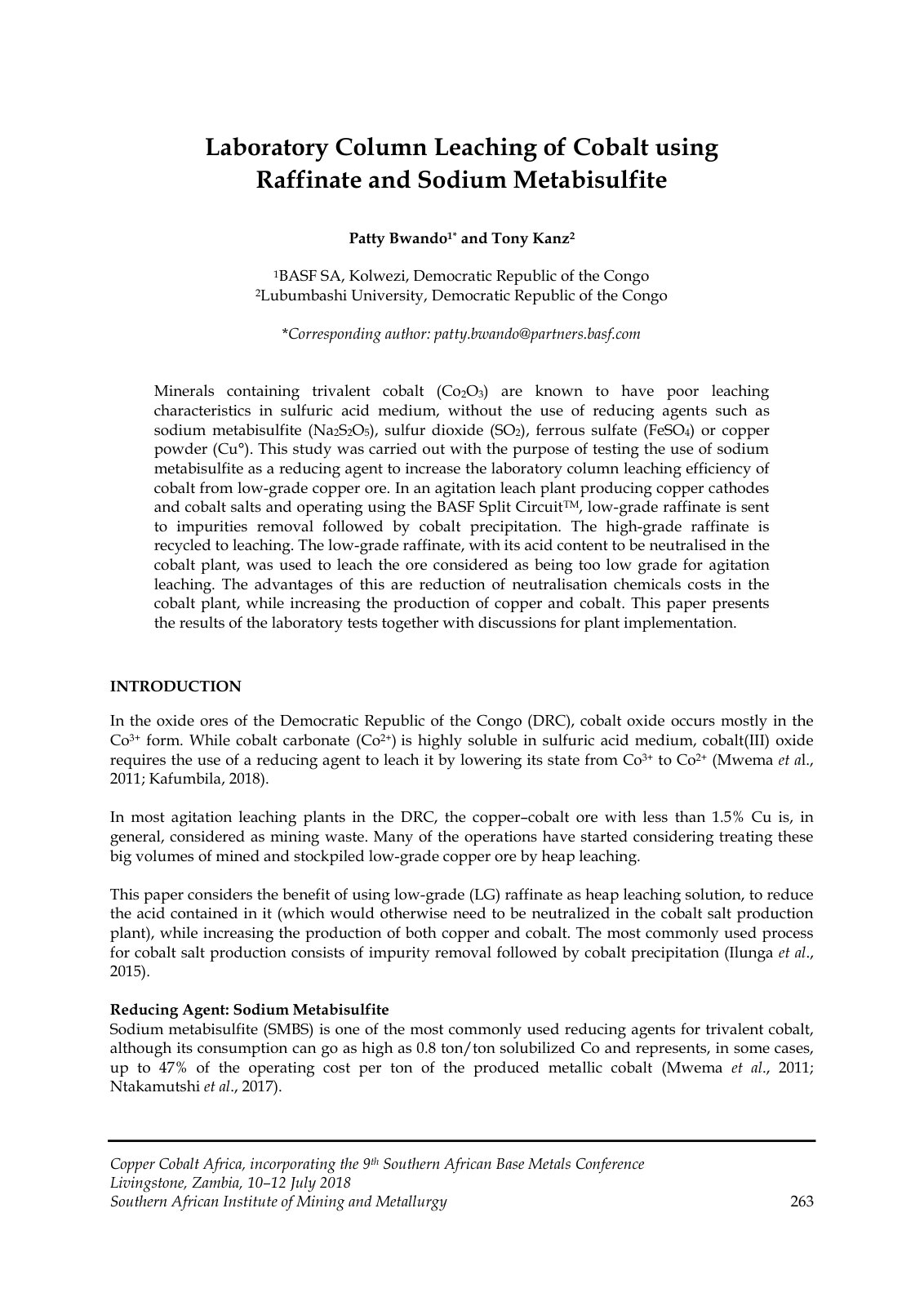 First page of Laboratory Column Leaching of Cobalt using Raffinate and Sodium Metabisulfite