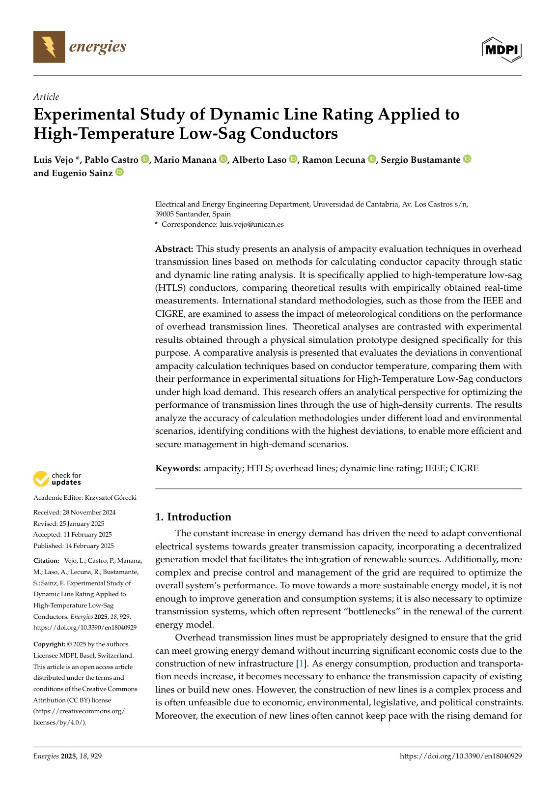 First page of Experimental Study of Dynamic Line Rating Applied 