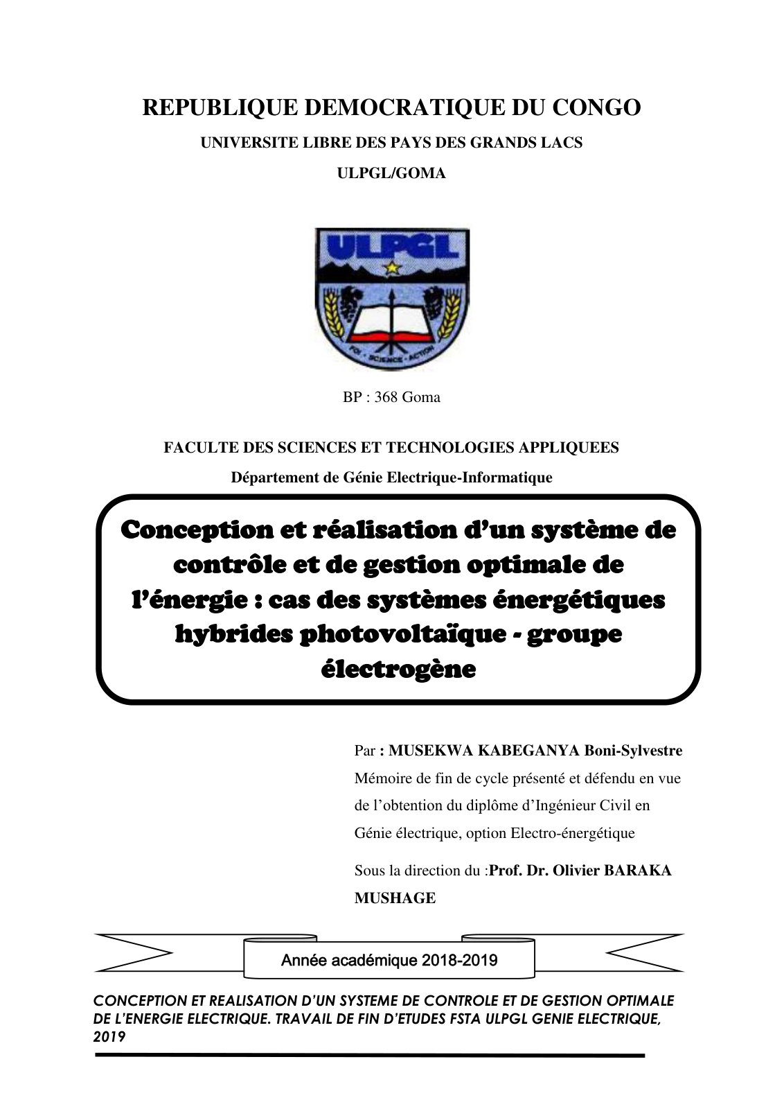 First page of Conception et réalisation d’un système de contrôle et de gestion optimale de l’énergie : cas des systèmes énergétiques hybrides photovoltaïque - groupe électrogène