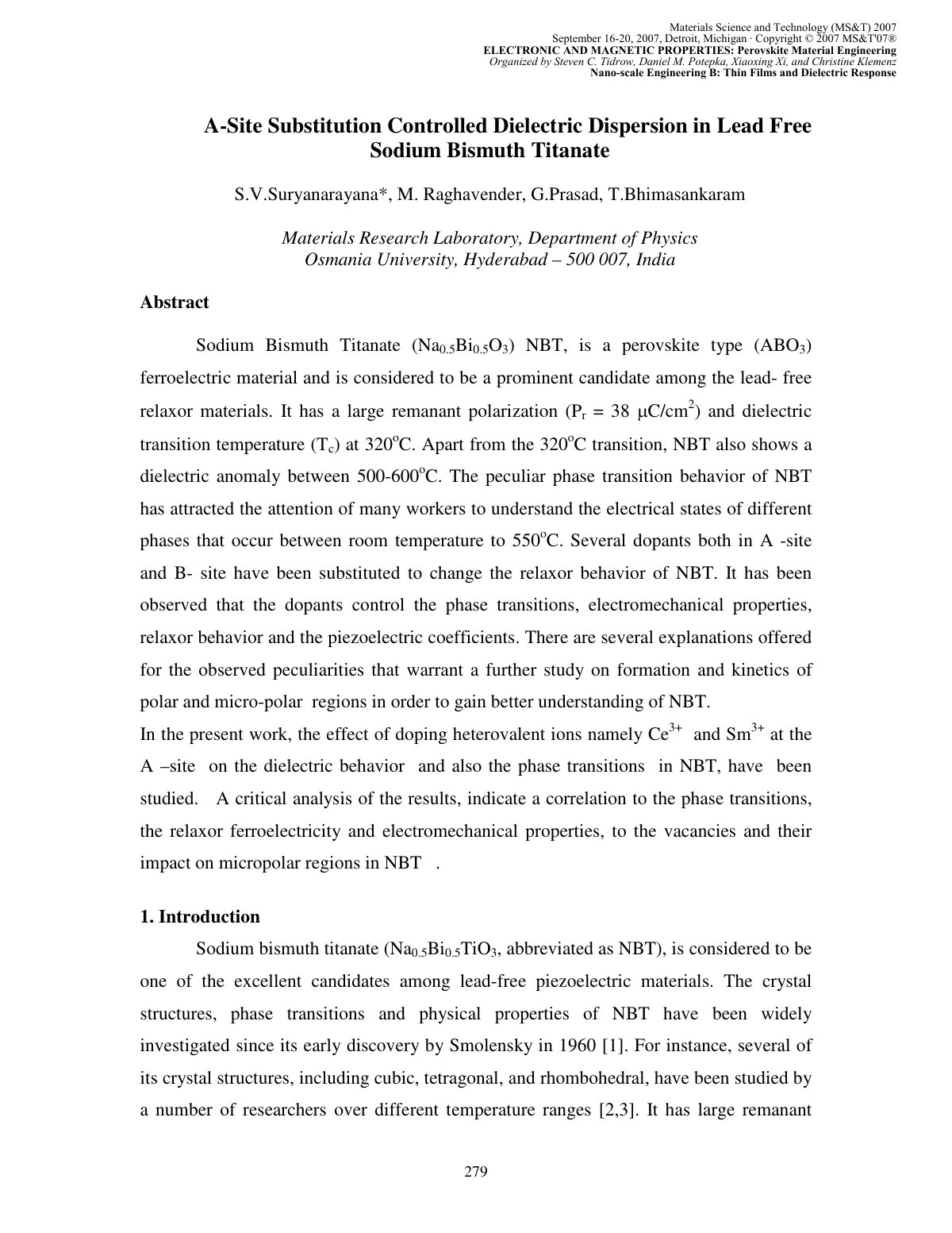 First page of A-Site Substitution Controlled Dielectric Dispersion in Lead Free Sodium Bismuth Titanate