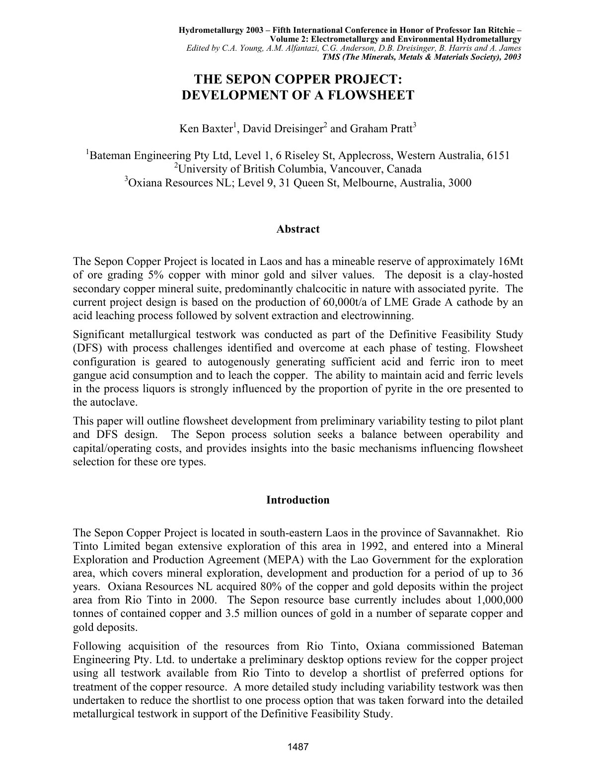 First page of Sepon Cu   Development of a Flowsheet (POX)