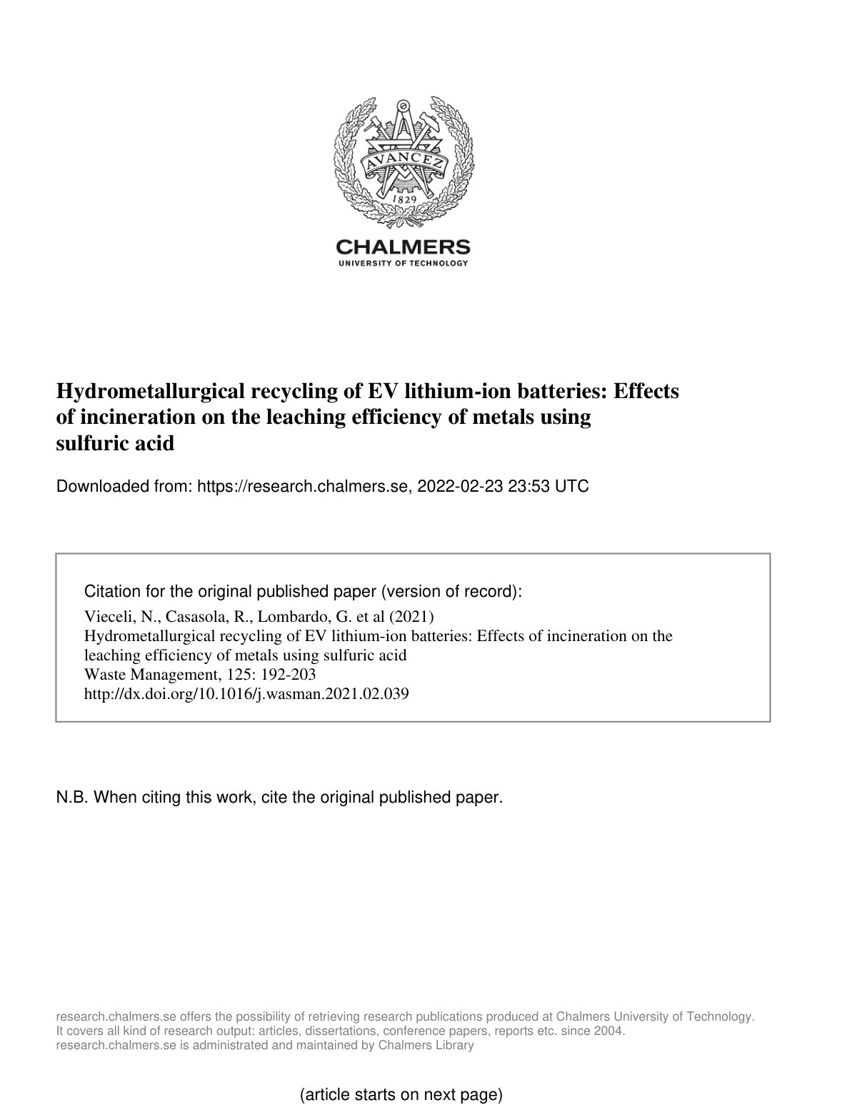 First page of Hydrometallurgical recycling of EV lithi