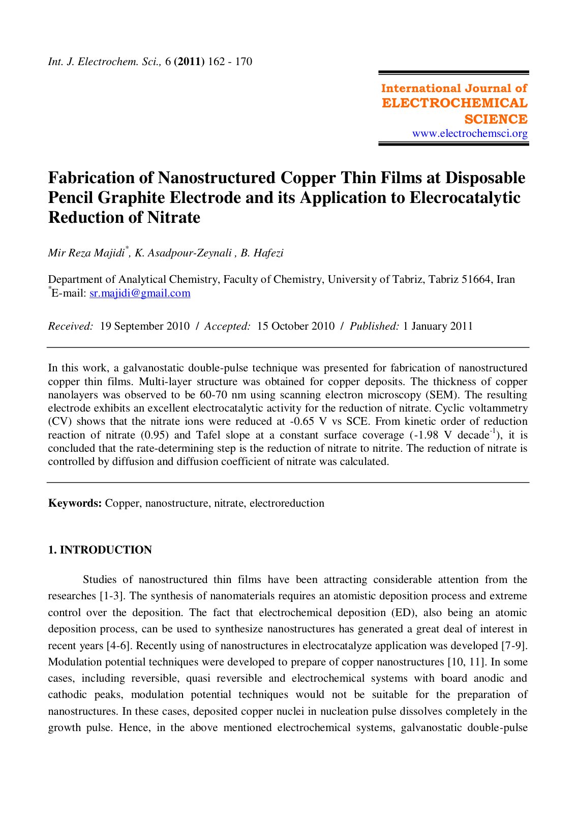 First page of Fabrication of Nanostructured Copper Thin Films at Disposable Pencil Graphite Electrode and its Application to Elecrocatalytic Reduction of Nitrate