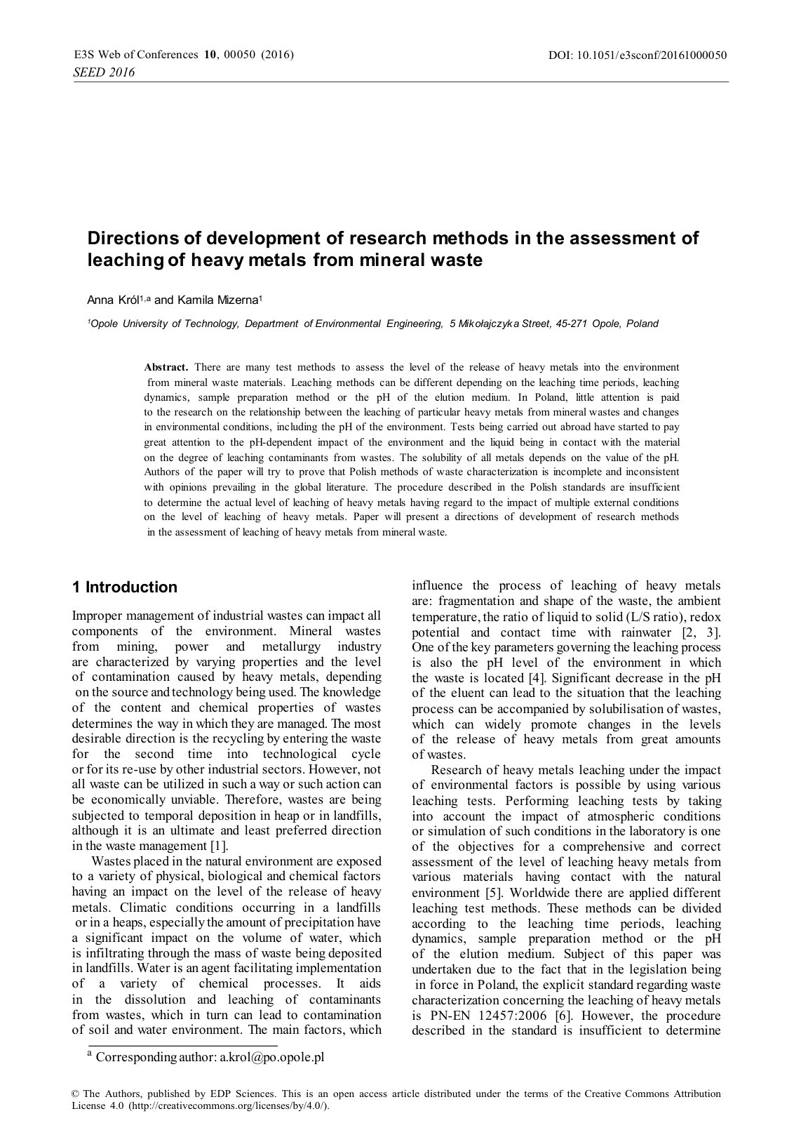 First page of Directions of development of research methods in the assessment of leaching of heavy metals from mineral waste