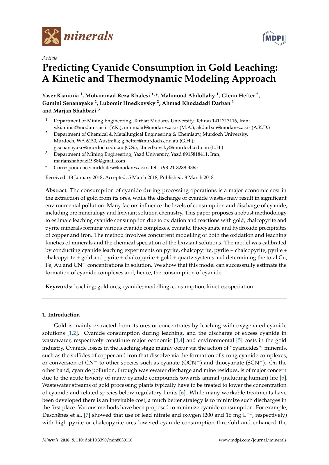 First page of Predicting Cyanide Consumption in Gold Leaching: A Kinetic and Thermodynamic Modeling Approach