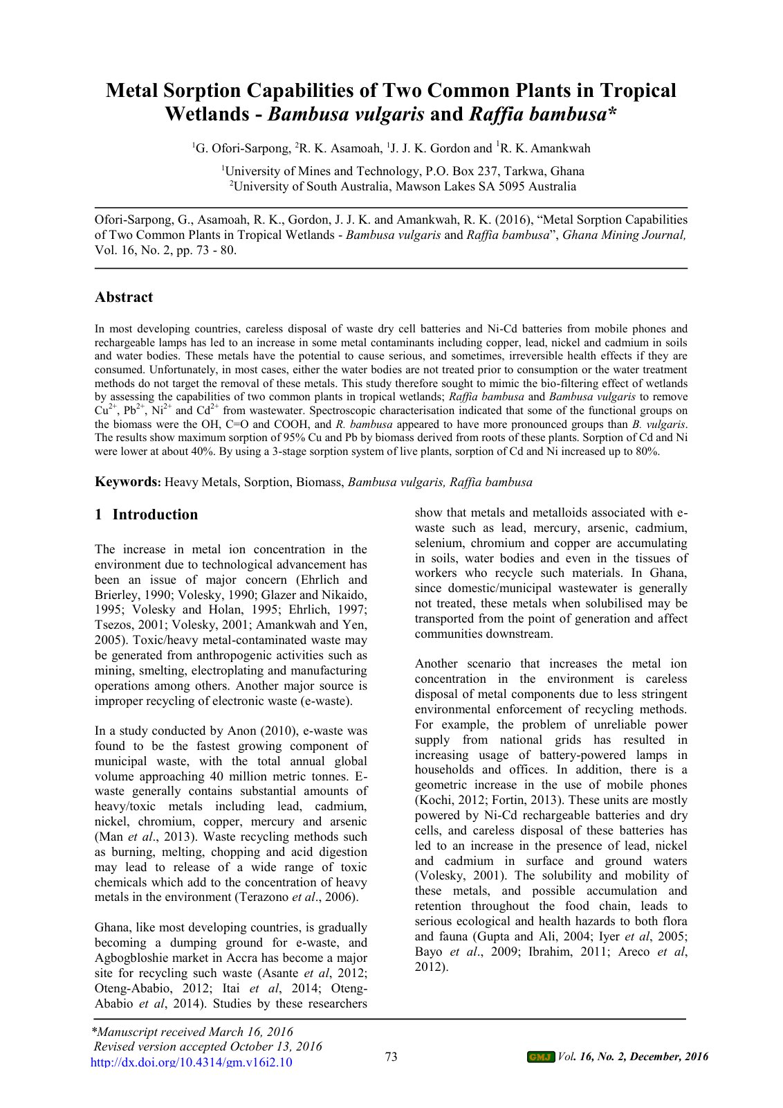 First page of Metal Sorption Capabilities of Two Common Plants in Tropical Wetlands - Bambusa vulgaris and Raffia bambusa