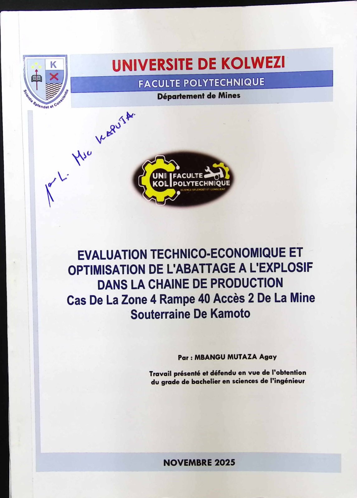First page of EVALUATION TECHNICO-ECONOMIQUE ET OPTIMISATION DE L'ABATTAGE A L'EXPLOSIF DANS LA CHAINE DE PRODUCTION Cas De La Zone 4 Rampe 40 Accès 2 De La Mine Souterraine De Kamoto