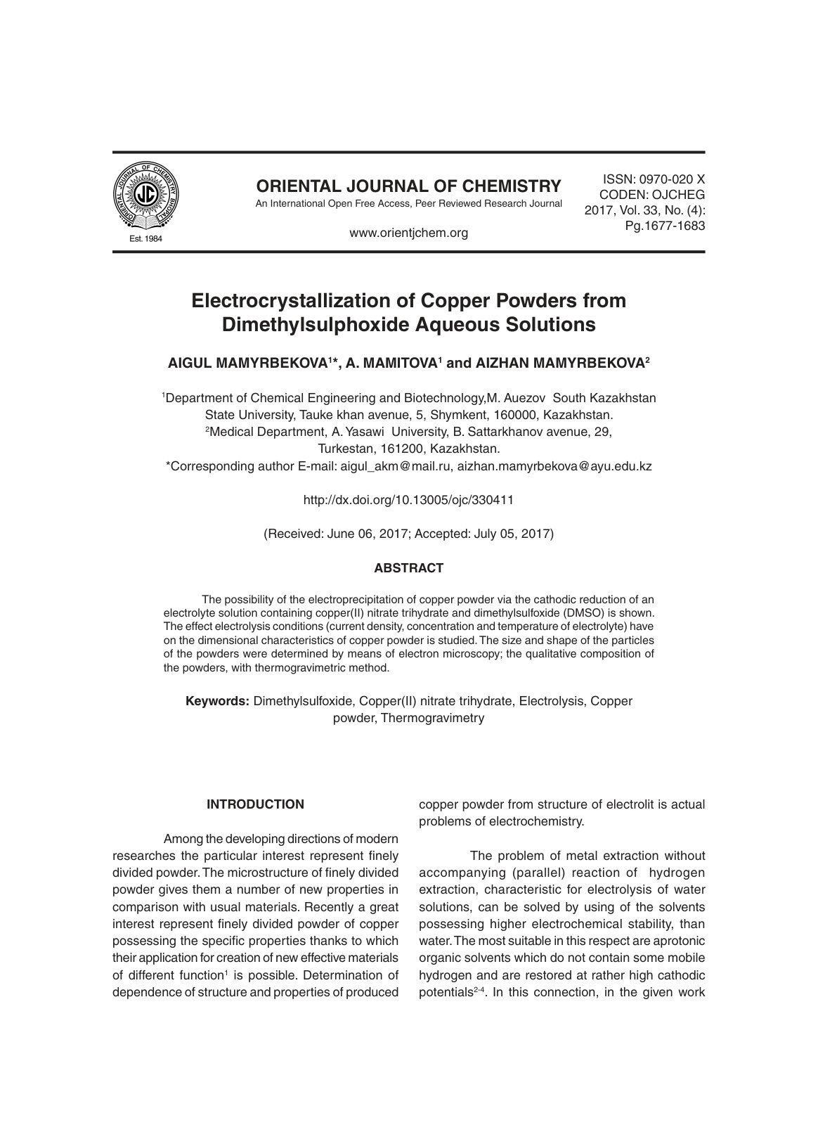 First page of Electrocrystallization of Copper Powders from Dimethylsulphoxide Aqueous Solutions