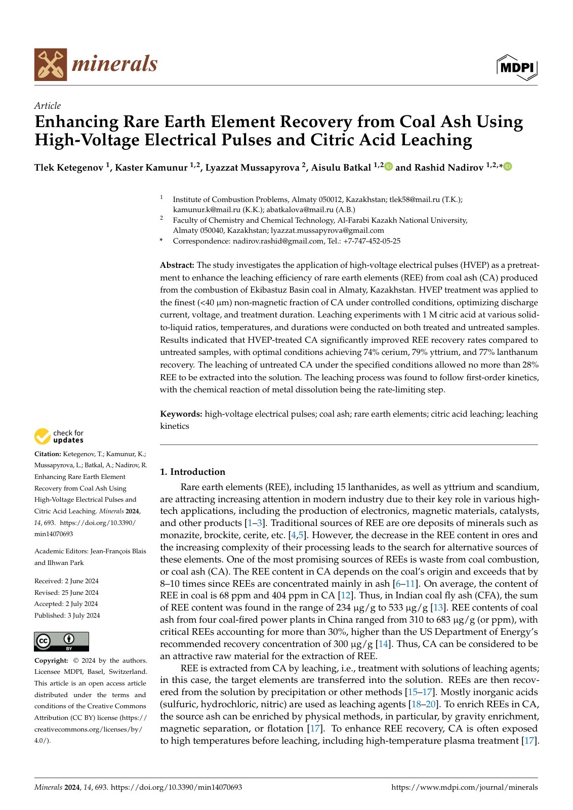 First page of 2024   Ketegenov   Citric acid leaching of rare earths from coal ash