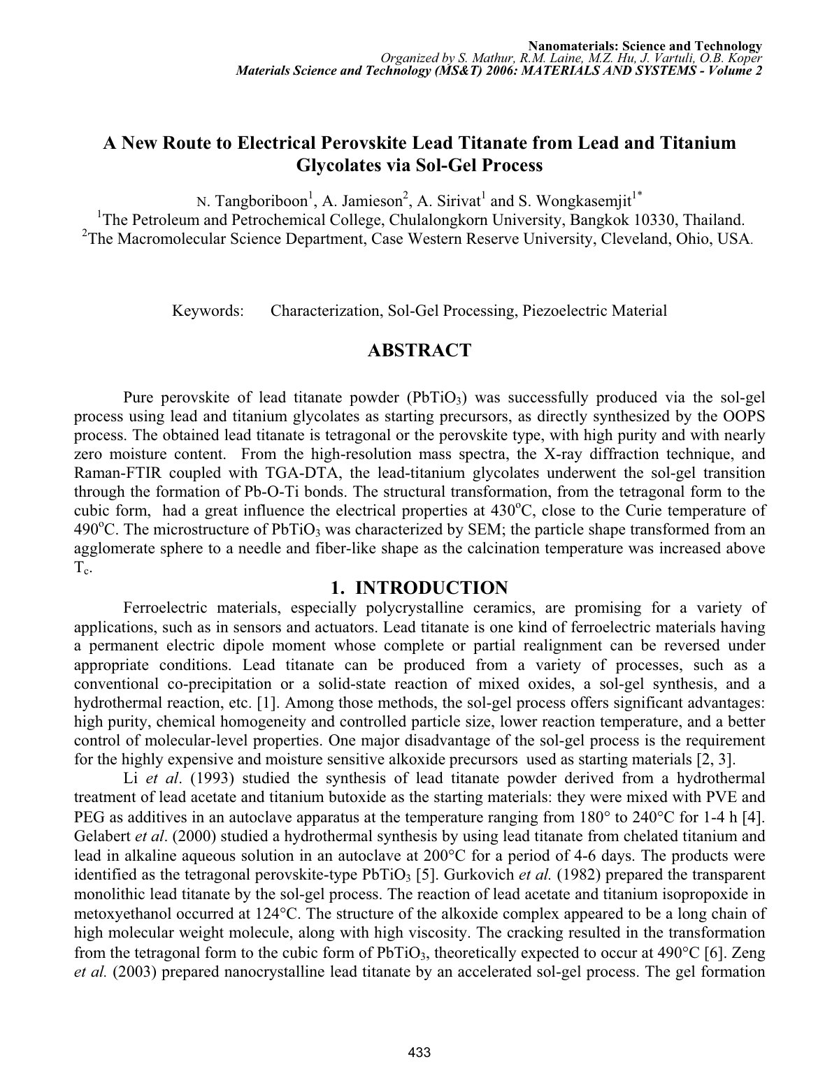 First page of A New Route to Electrical Perovskiate Lead Titanate from Lead and Titanium Glycolates via Sol-Gel Process