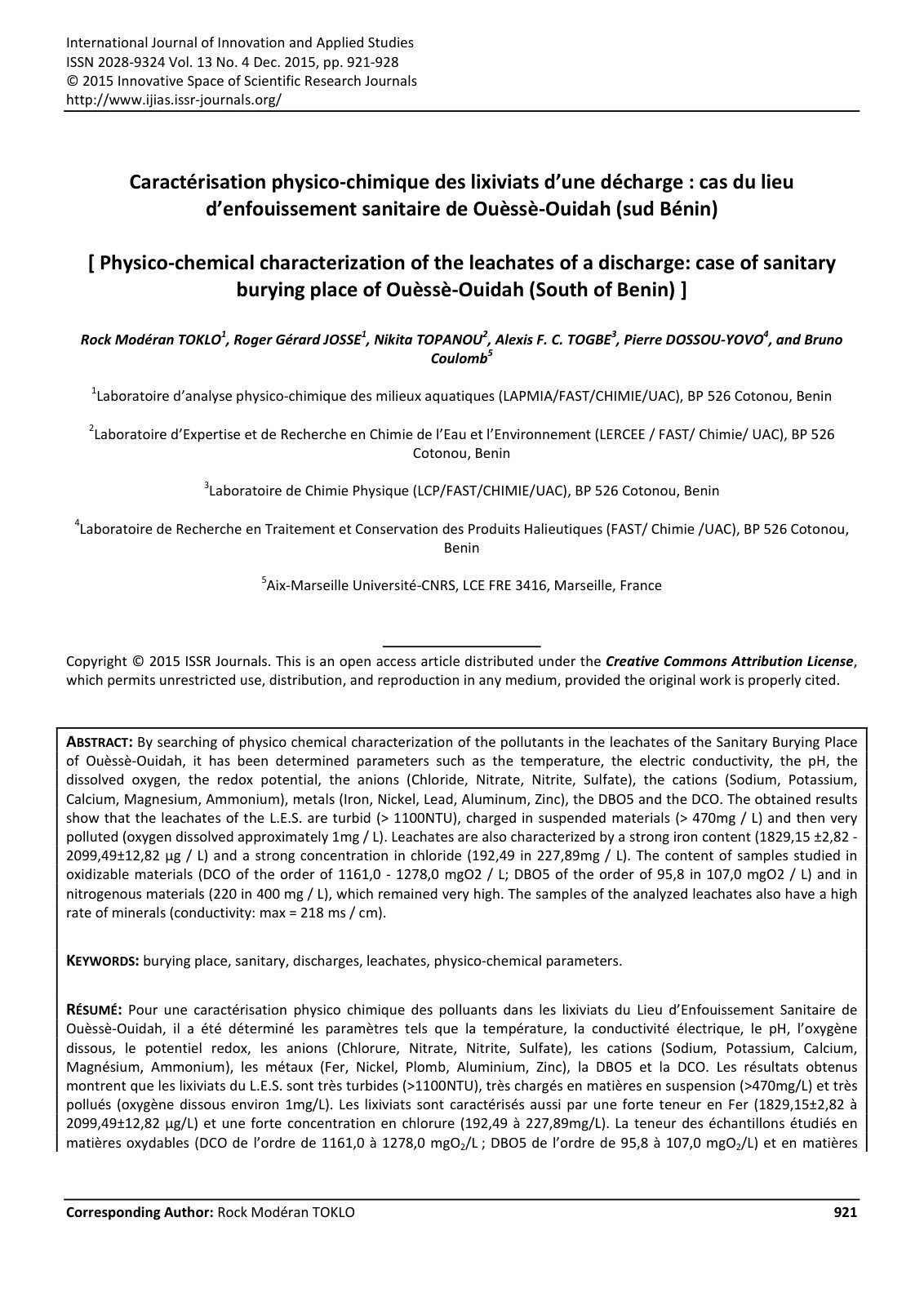 First page of Caractérisation physico-chimique des lixiviats d’une décharge : cas du lieu d’enfouissement sanitaire de Ouèssè-Ouidah (sud Bénin)