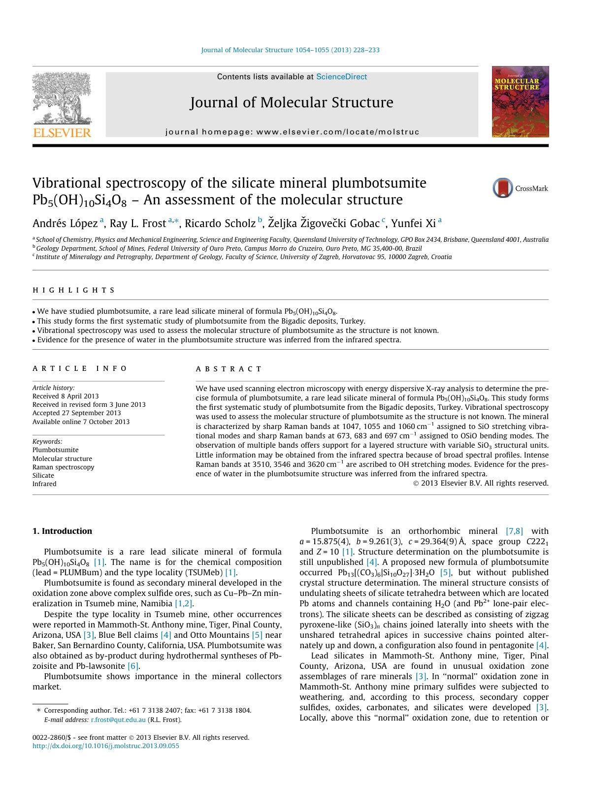 First page of Vibrational spectroscopy of the silicate mineral plumbotsumite Pb5(OH)10Si4O8 – An assessment of the molecular structure