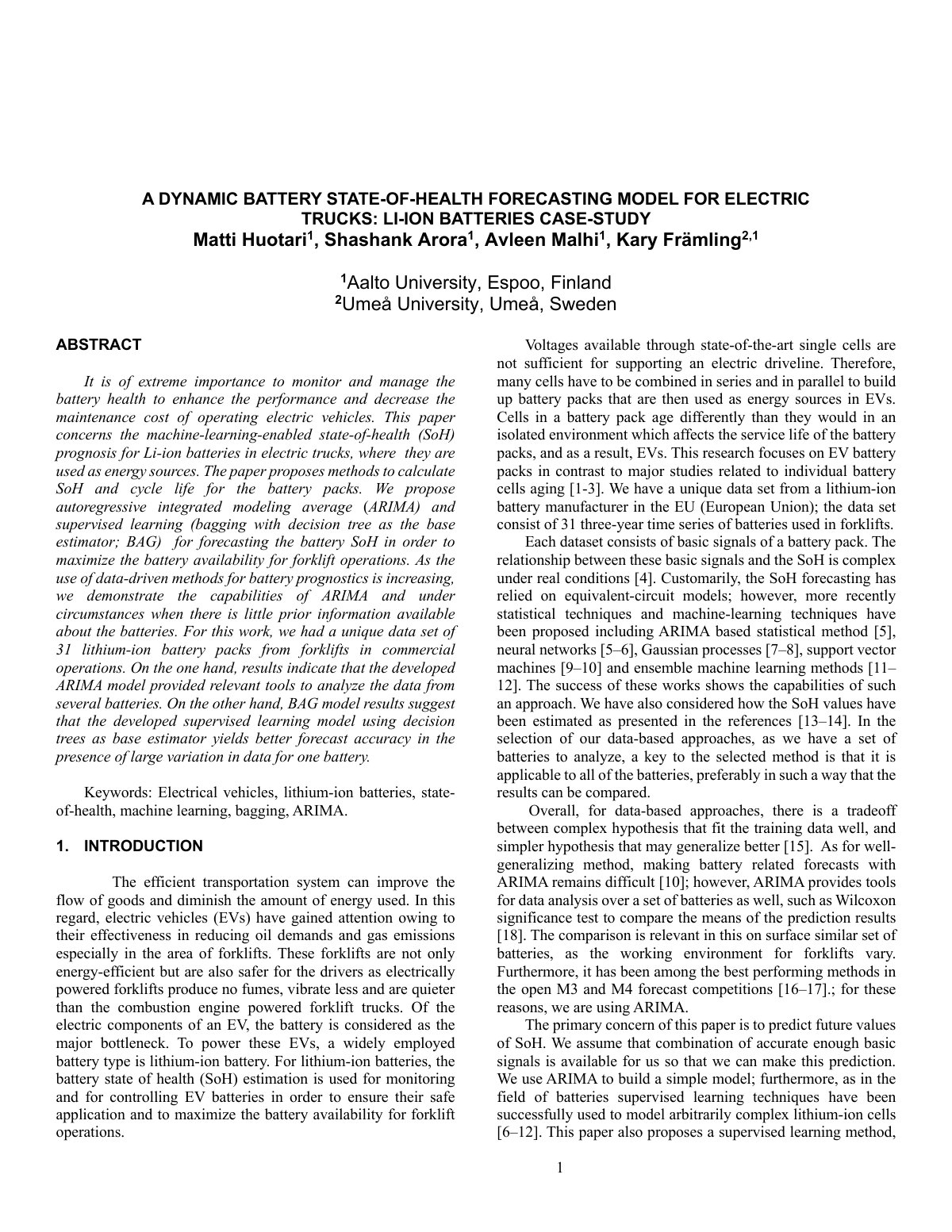 First page of A DYNAMIC BATTERY STATE-OF-HEALTH FORECASTING MODEL FOR ELECTRIC TRUCKS: LI-ION BATTERIES CASE-STUDY