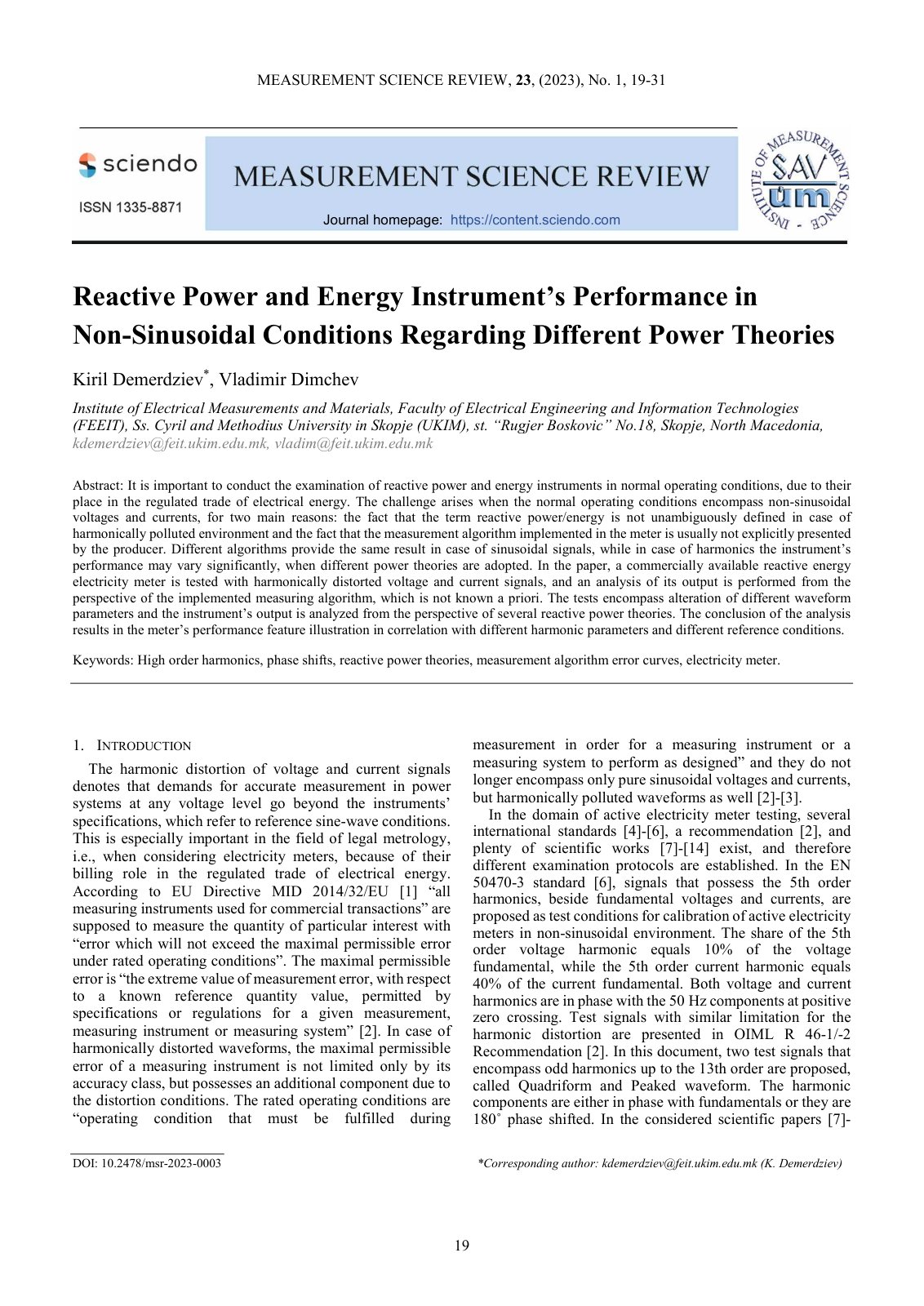 First page of Reactive Power and Energy Instrument’s Performance in Non-Sinusoidal Conditions Regarding Different Power Theories