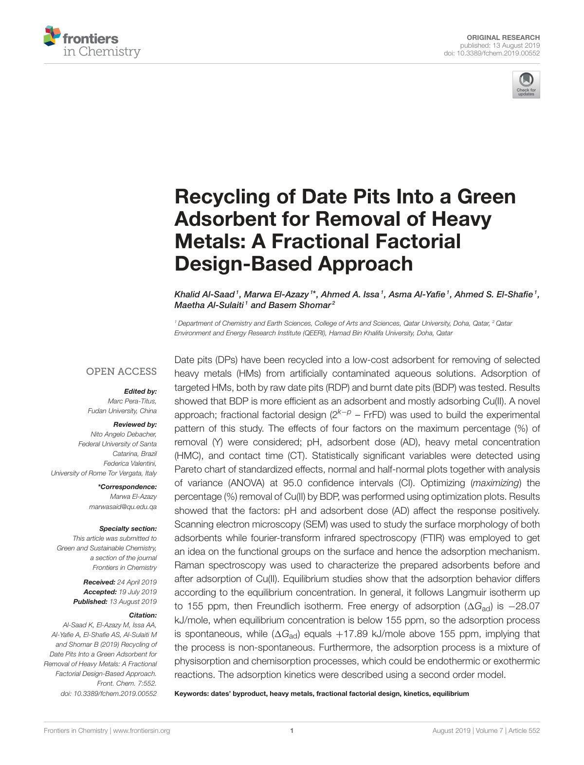 First page of Recycling of Date Pits Into a Green Adso