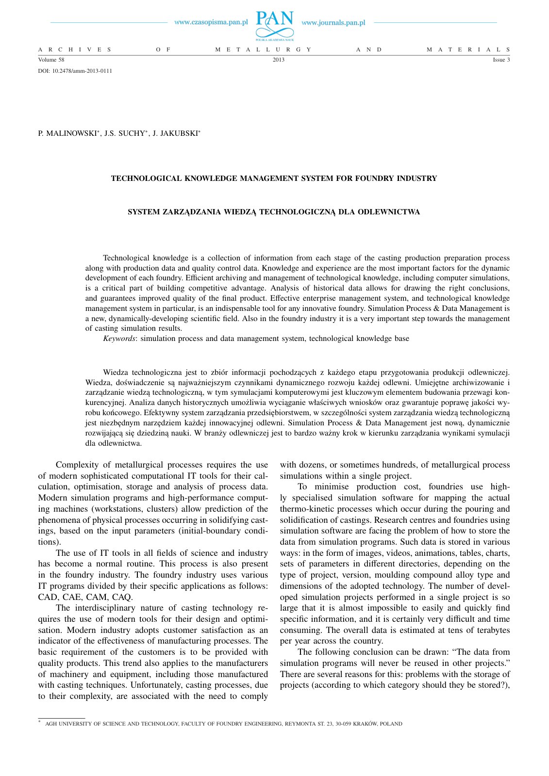 First page of TECHNOLOGICAL KNOWLEDGE MANAGEMENT SYSTEM FOR FOUNDRY INDUSTRY