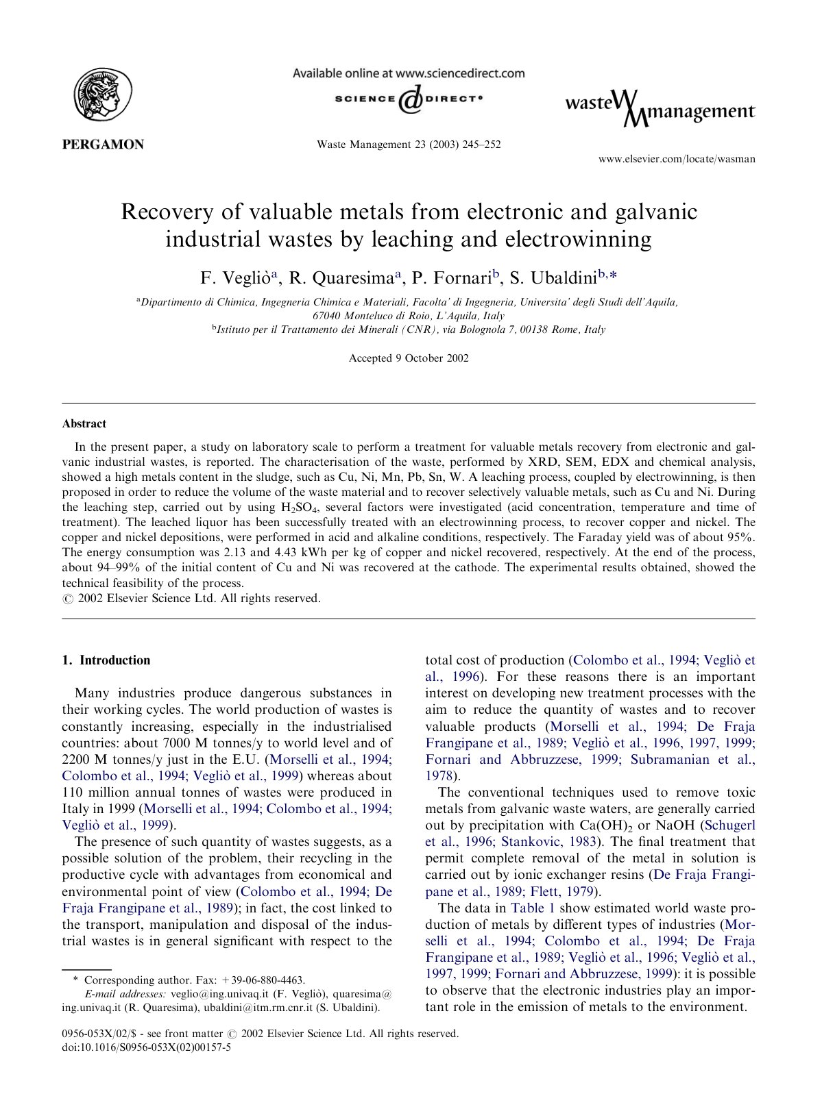 First page of Recovery of valuable metals from electro