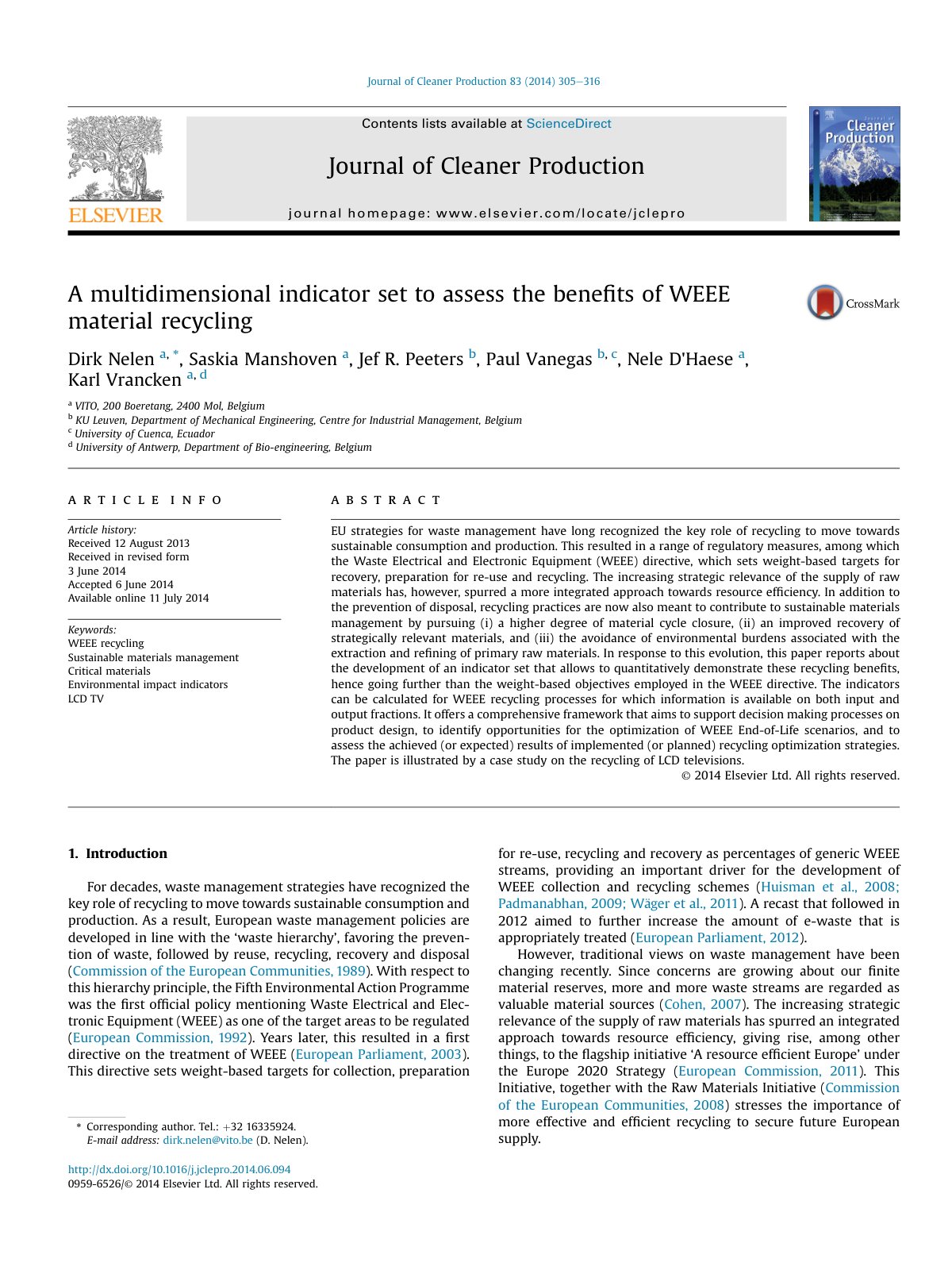 First page of A multidimensional indicator set to assess the benef 2014 Journal of Cleaner