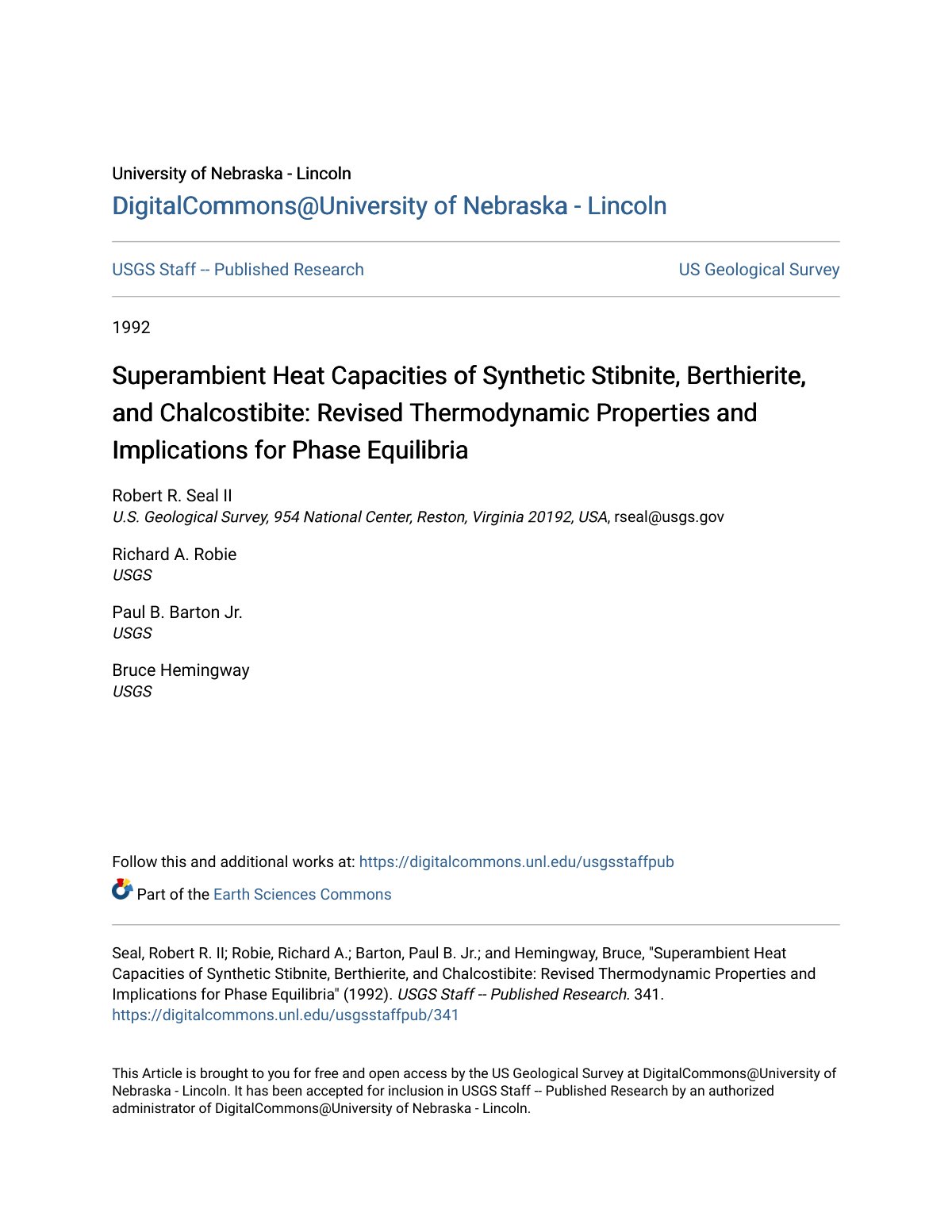 First page of Superambient Heat Capacities of Synthetic Stibnite, Berthierite, and Chalcostibite: Revised Thermodynamic Properties and Implications for Phase Equilibria