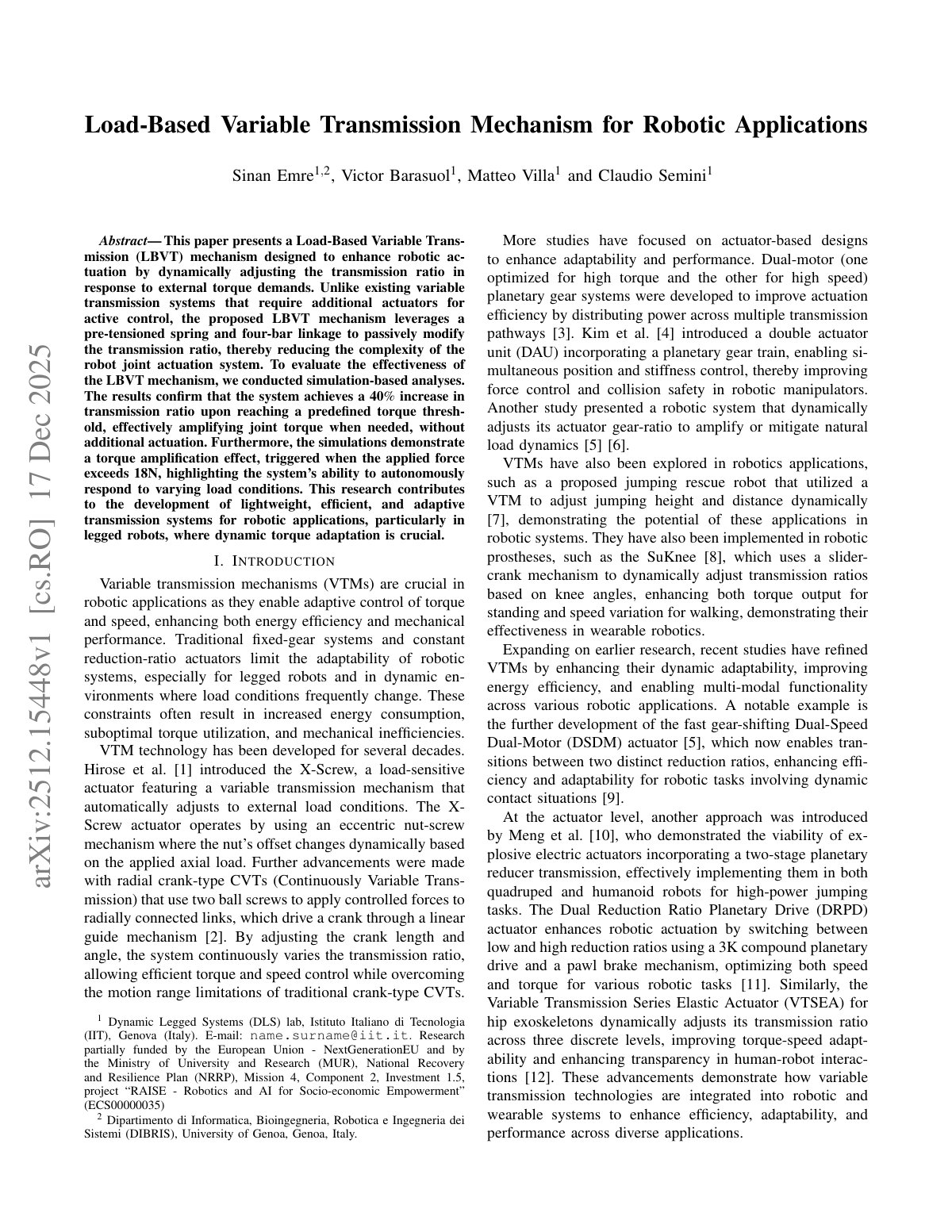 First page of Load-Based Variable Transmission Mechanism for Robotic Applications