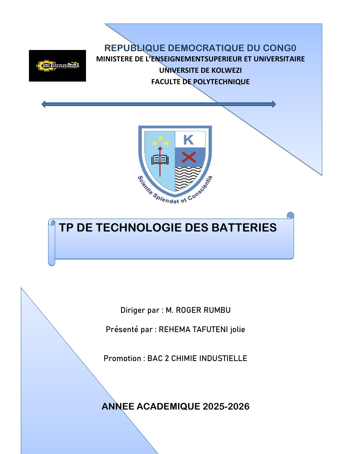 First page of TP DE TECHNOLOGIE DES BATTERIES