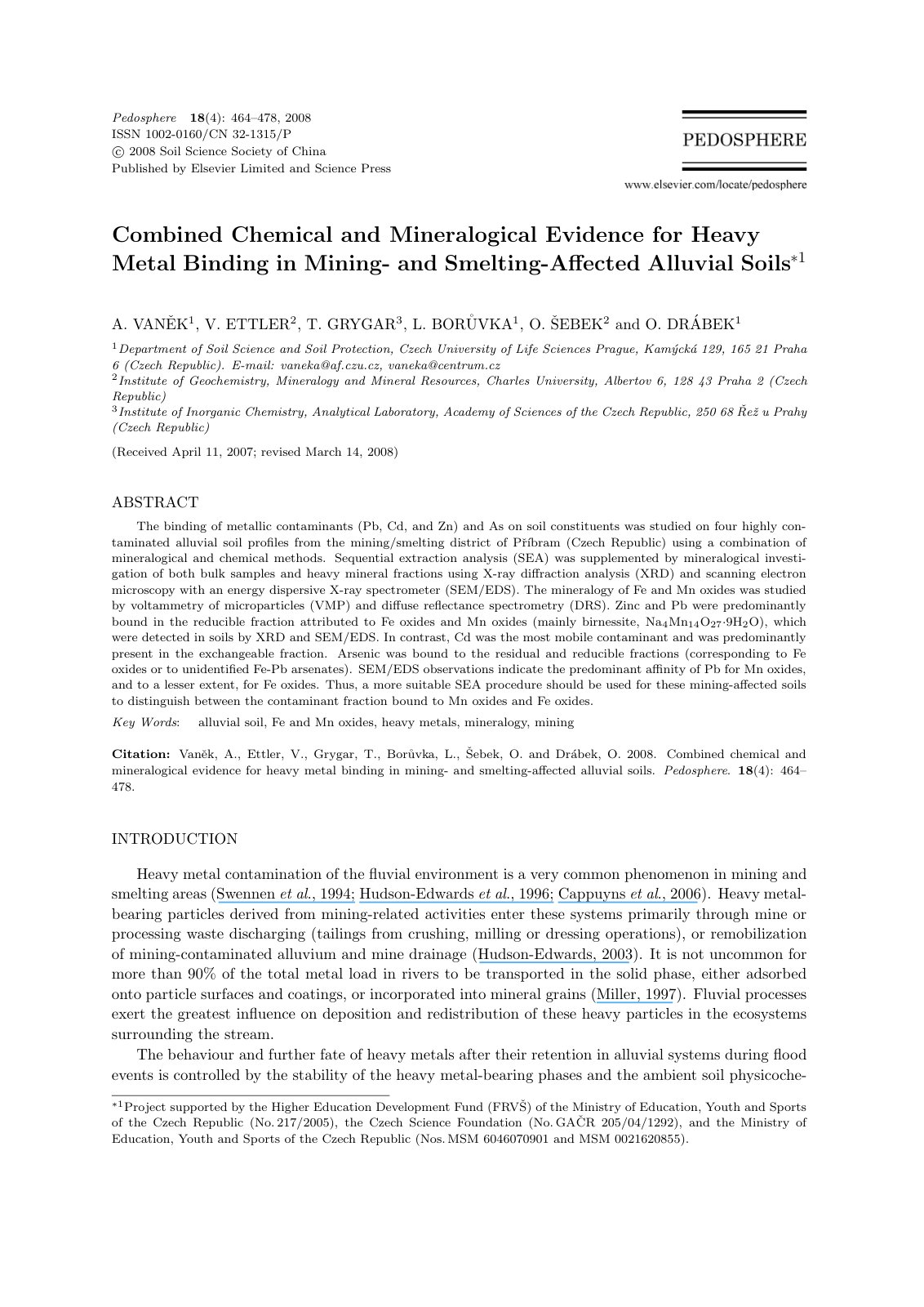 First page of Combined Chemical and Mineralogical Evidence for Heavy Metal Binding in Mining- and Smelting-Aﬀected Alluvial Soils