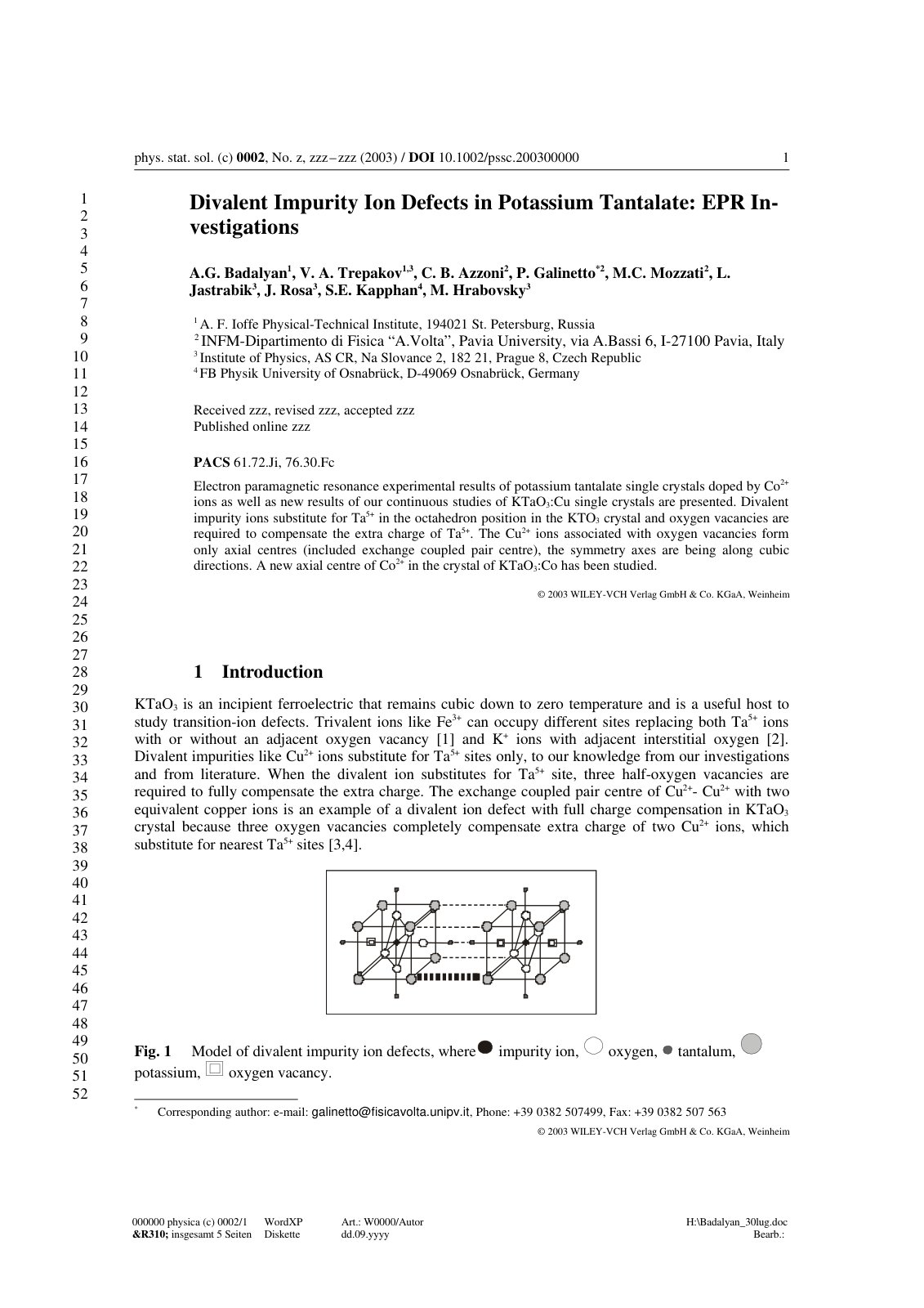 First page of Divalent Impurity Ion Defects in Potassium Tantalate: EPR Investigations
