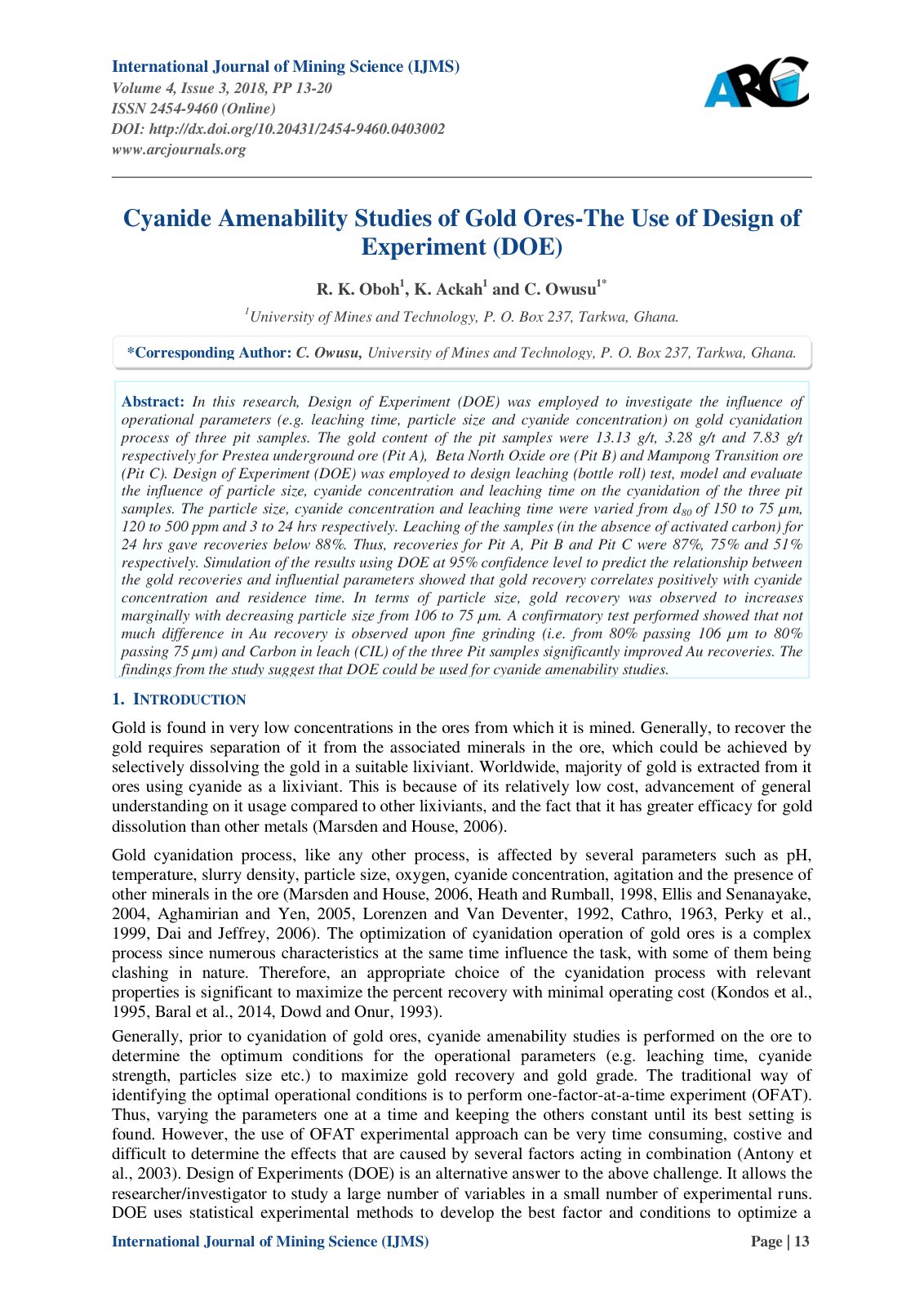 First page of Cyanide Amenability Studies of Gold Ores-The Use of Design of Experiment (DOE)