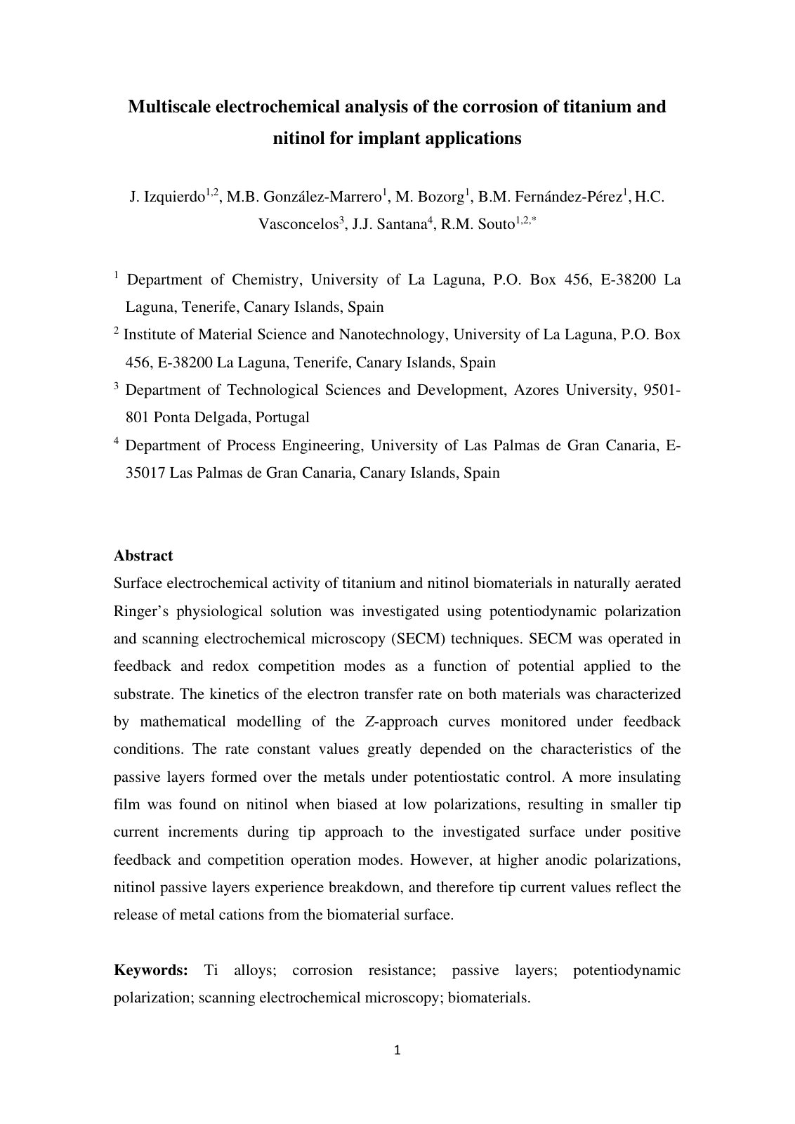 First page of Multiscale electrochemical analysis of the corrosion of titanium and nitinol for implant applications