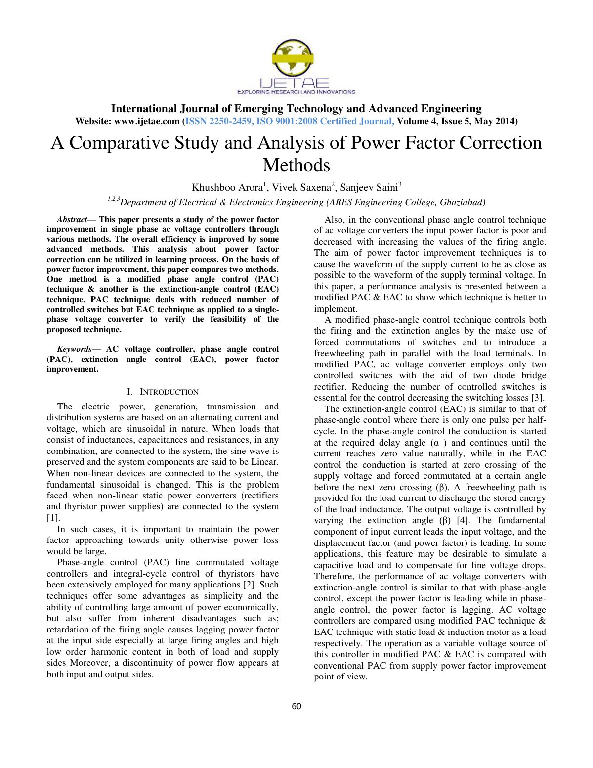 First page of A Comparative Study and Analysis of Power Factor Correction Methods