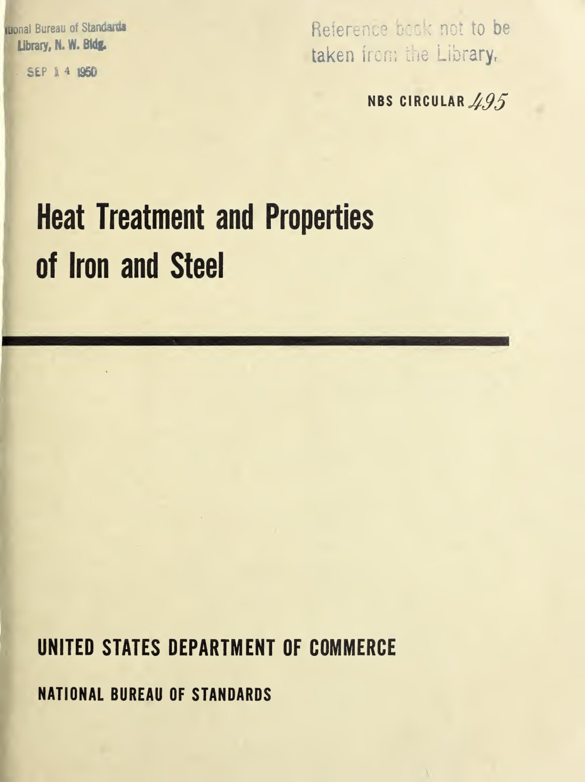 First page of Circular of the Bureau of Standards no. 495: heat treatment and properties of iron and steel