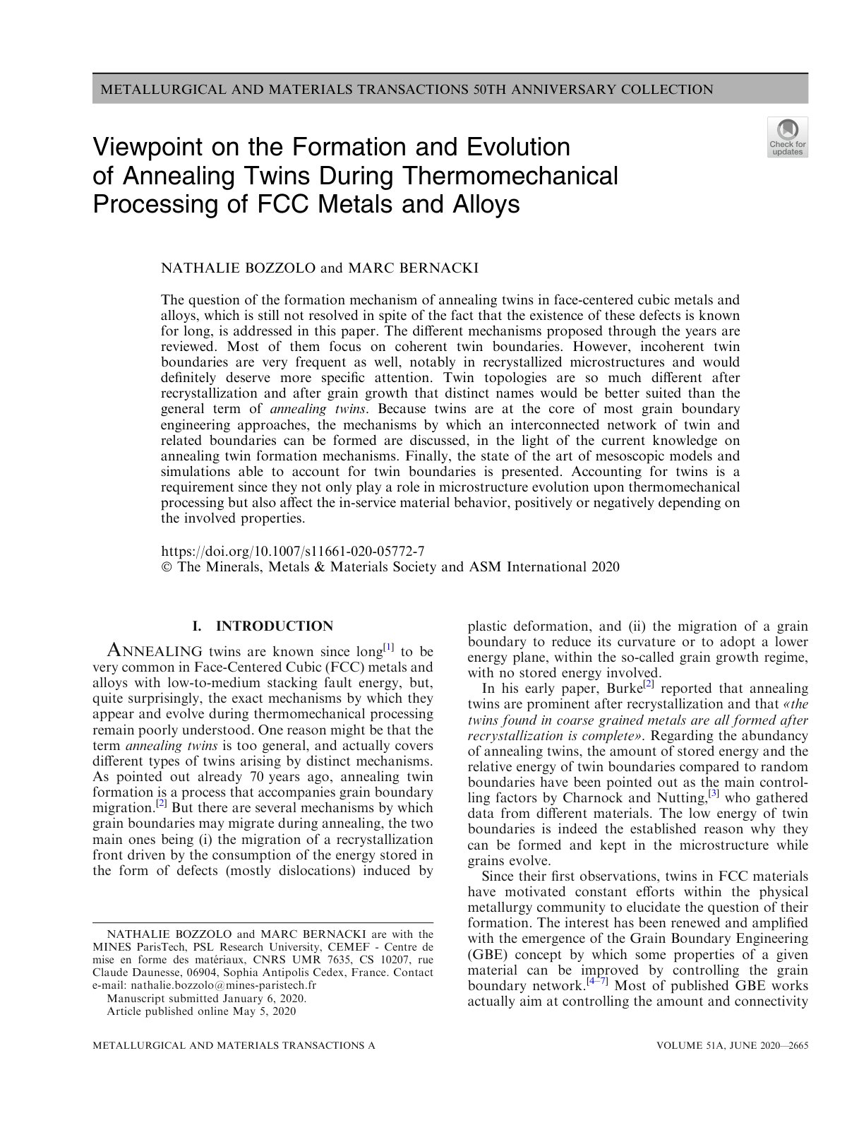 First page of Viewpoint on the Formation and Evolution of Annealing Twins During Thermomechanical Processing of FCC Metals and Alloys