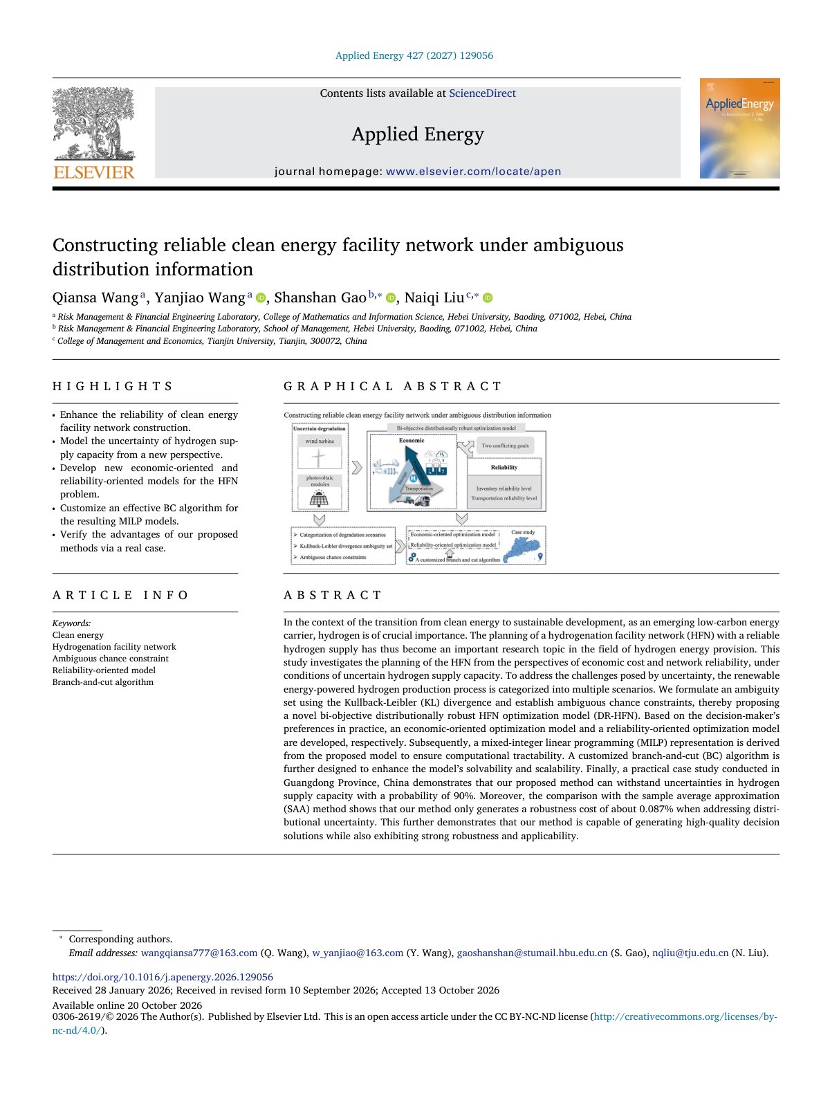 First page of Constructing reliable clean energy facility network under amb 2027 Applied E