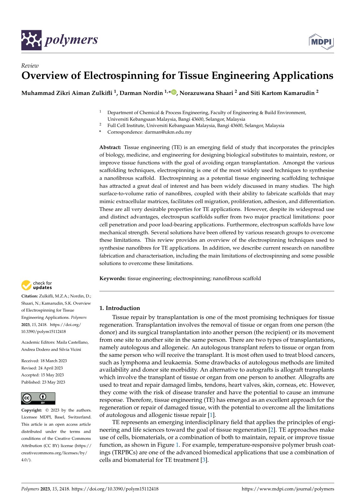 First page of Overview of Electrospinning for Tissue E