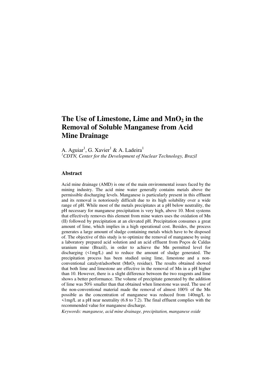 First page of The Use of Limestone, Lime and MnO2 in the Removal of Soluble Manganese from Acid Mine Drainage