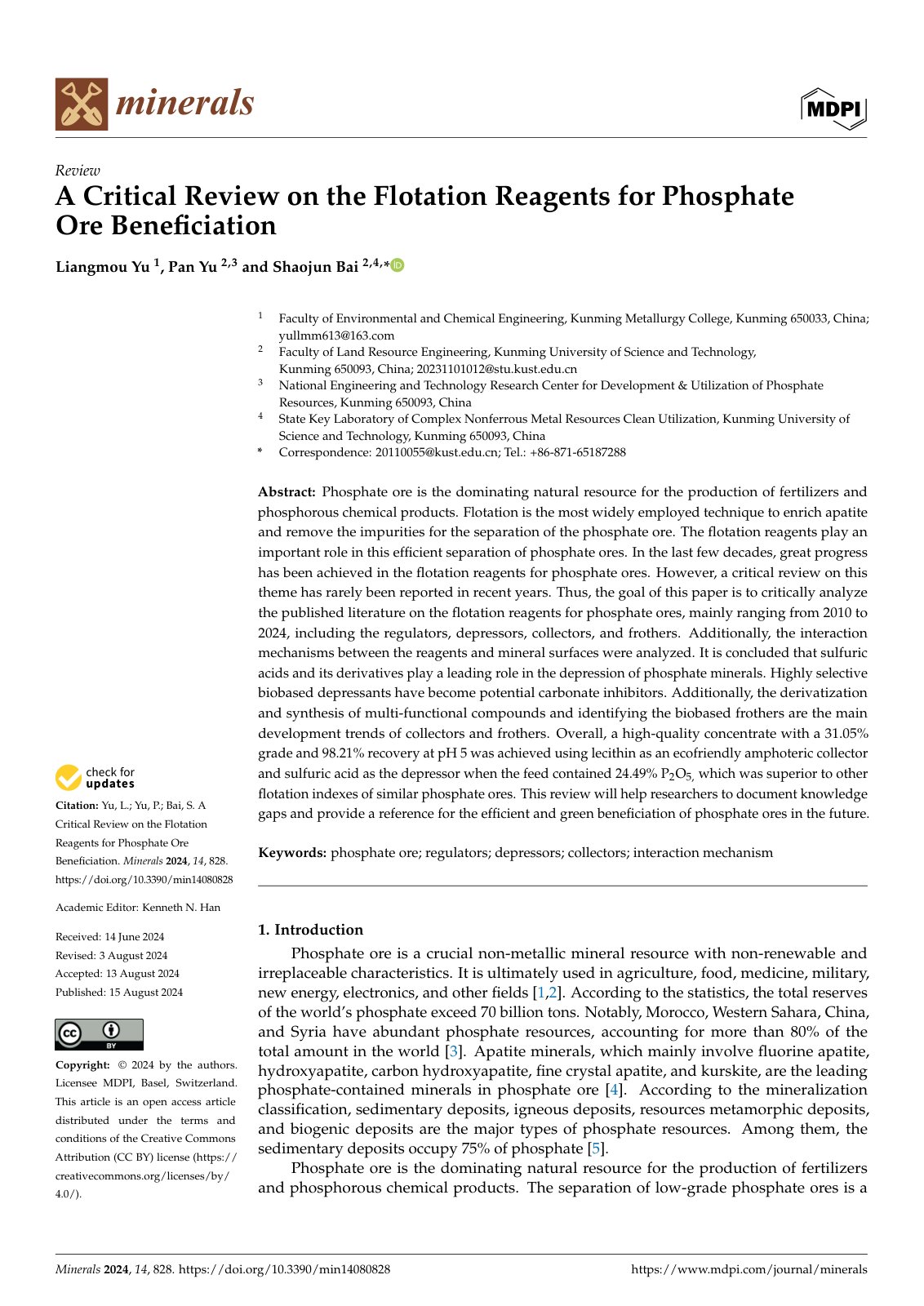 First page of A Critical Review on the Flotation Reagents for Phosphate Ore Beneficiation