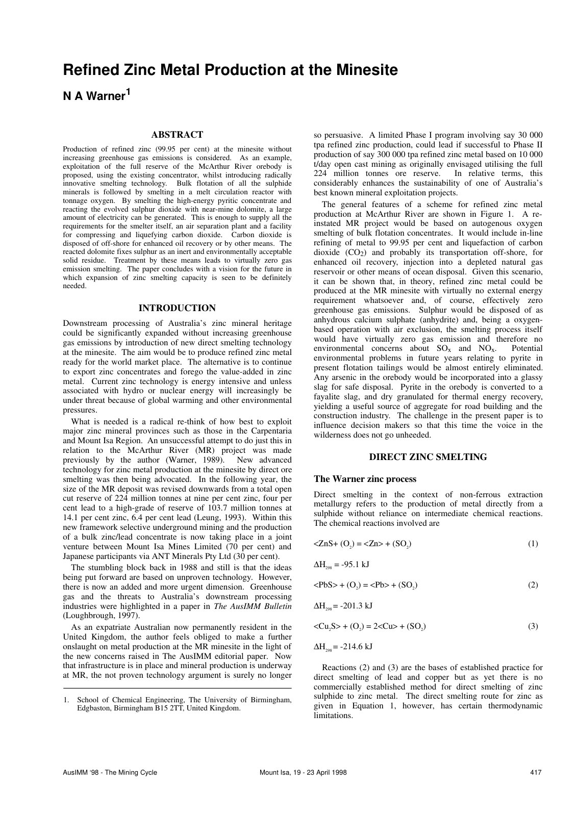 First page of Refined Zinc Metal Production at the Minesite