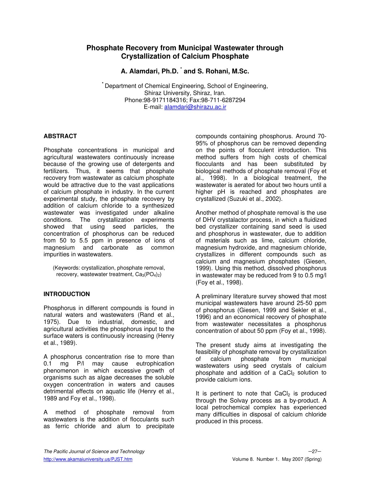 First page of Phosphate Recovery from Municipal Wastew