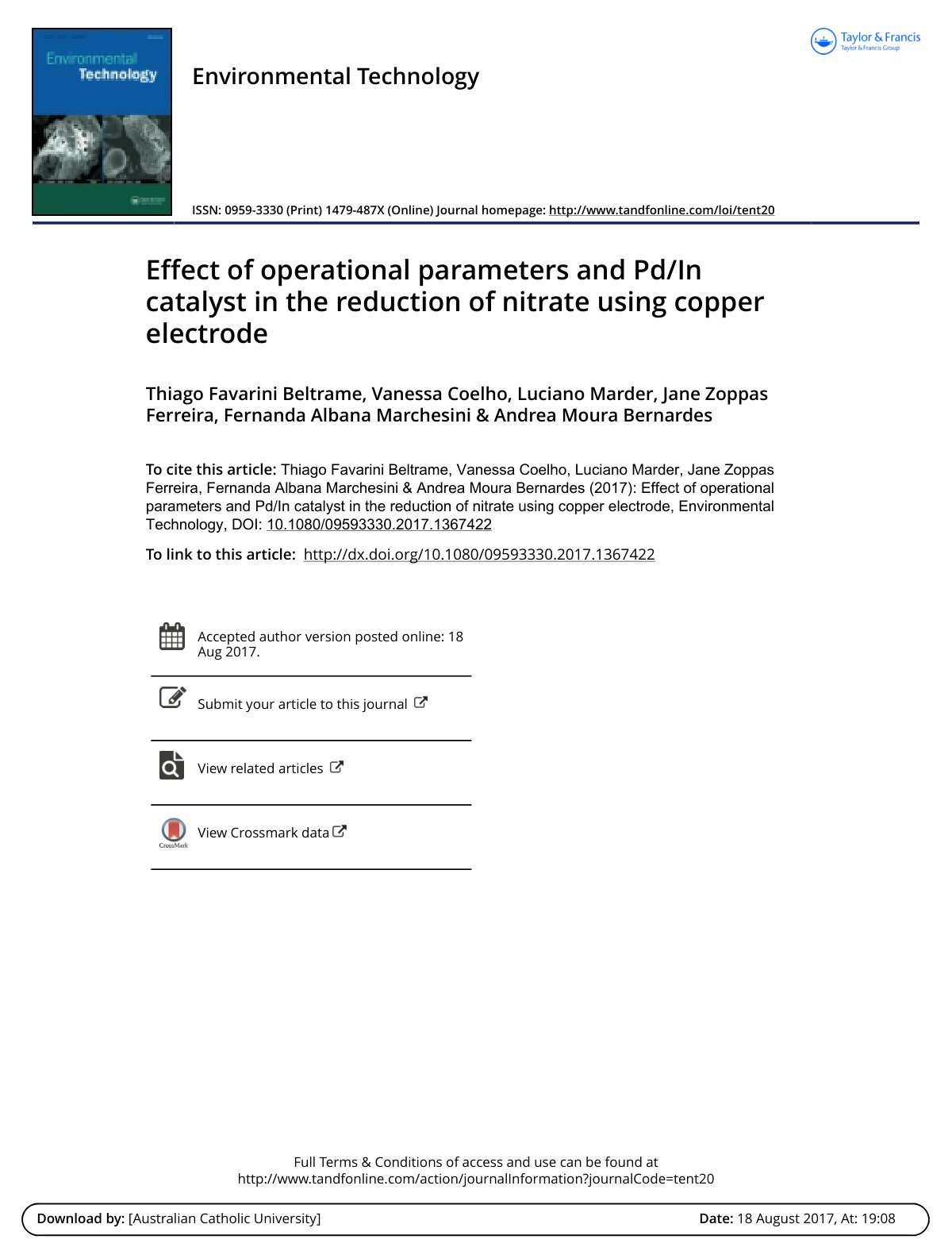 First page of Effect of operational parameters and Pd/In catalyst in the reduction of nitrate using copper electrode
