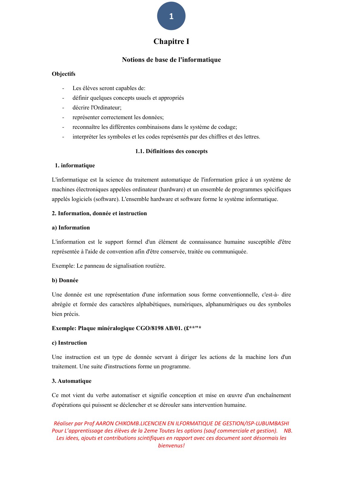 First page of COURS INFORMATIQUE 2ème ANNEE SECONDAIRE