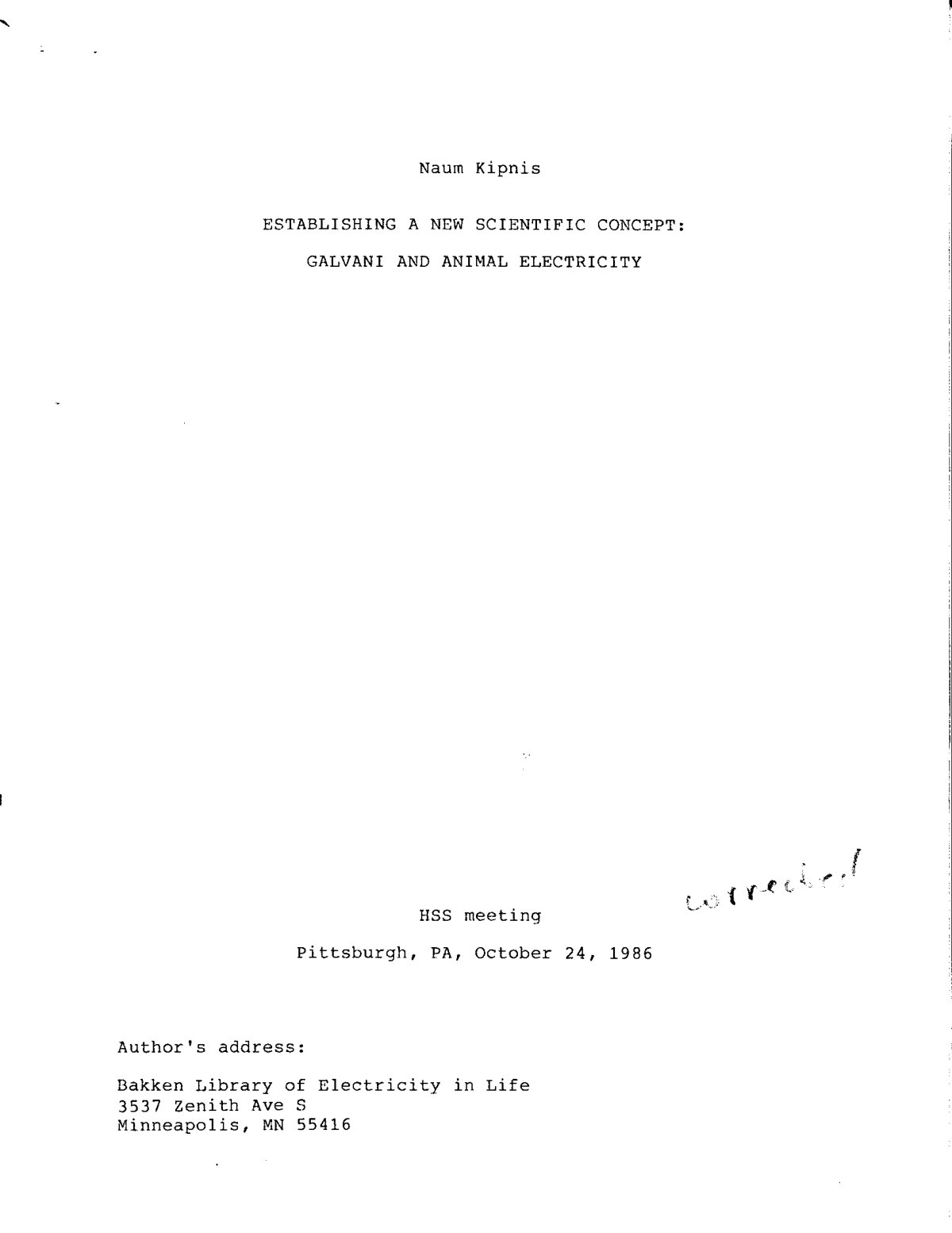 First page of ESTABLISHING A NEW SCIENTIFIC CONCEPT: GALVANI AND ANIllAL ELECTRICITY