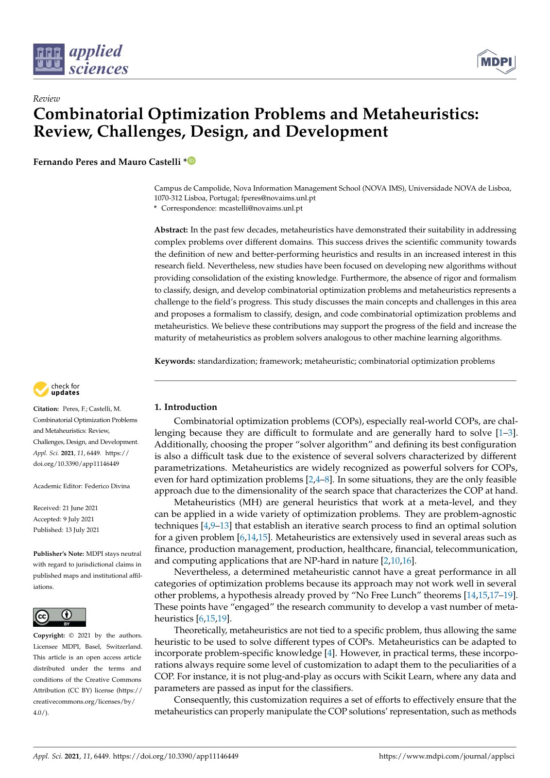 First page of Combinatorial Optimization Problems and Metaheuristics: Review, Challenges, Design, and Development
