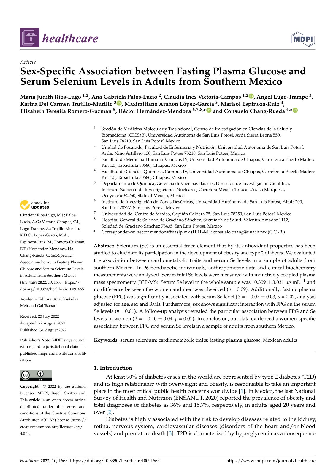 First page of Sex-Speciﬁc Association between Fasting Plasma Glucose and Serum Selenium Levels in Adults from Southern Mexico
