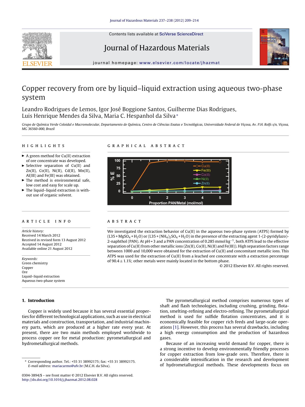 First page of Copper recovery from ore by liquid liqui