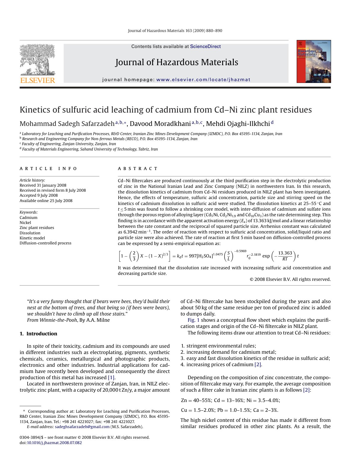 First page of Kinetics of sulfuric acid leaching of cadmium from Cd–Ni zinc plant residues
